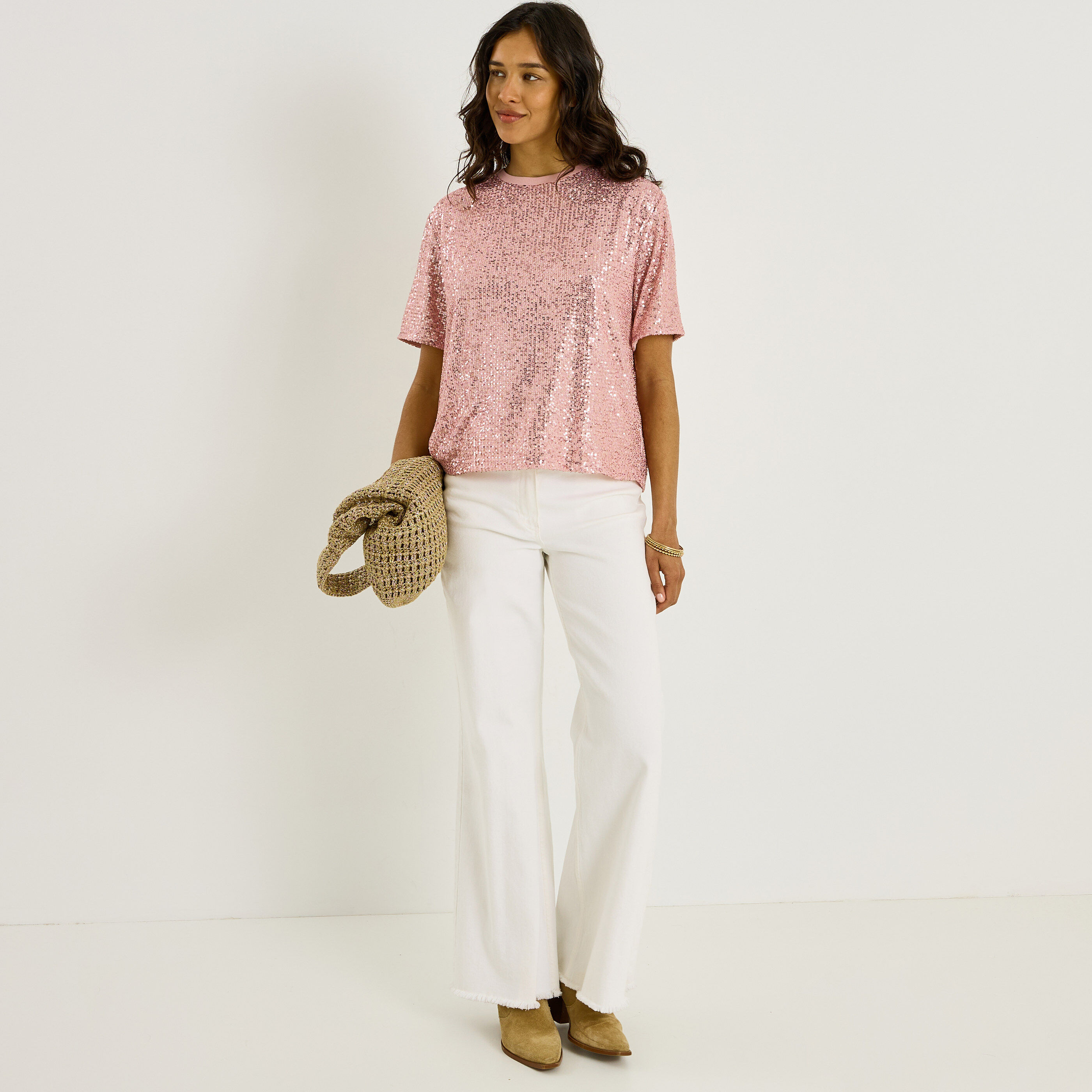 T-shirt col rond sequins femme