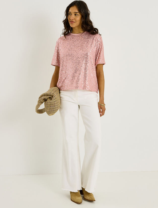T-shirt col rond sequins femme