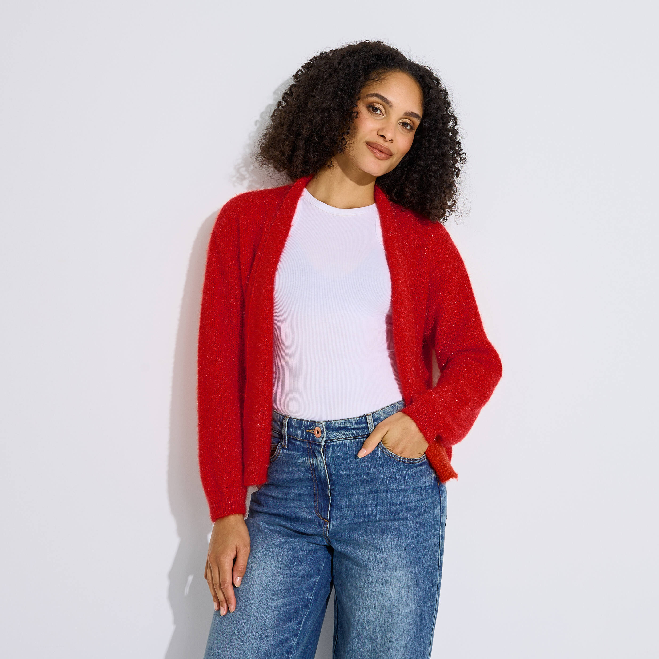 Gilet court col ch&acirc;le en maille femme