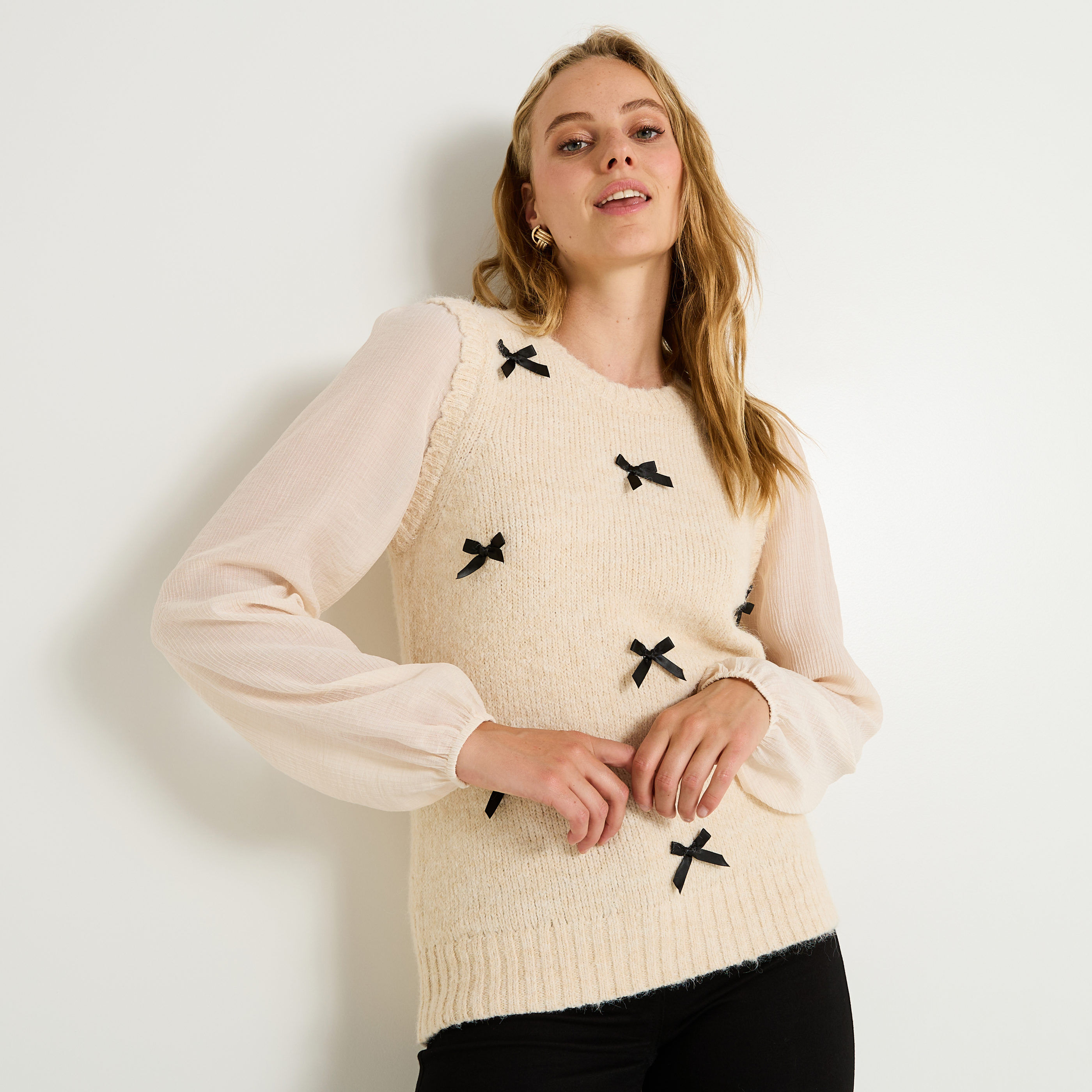 Pull bi-mati&egrave;re &agrave; col rond femme
