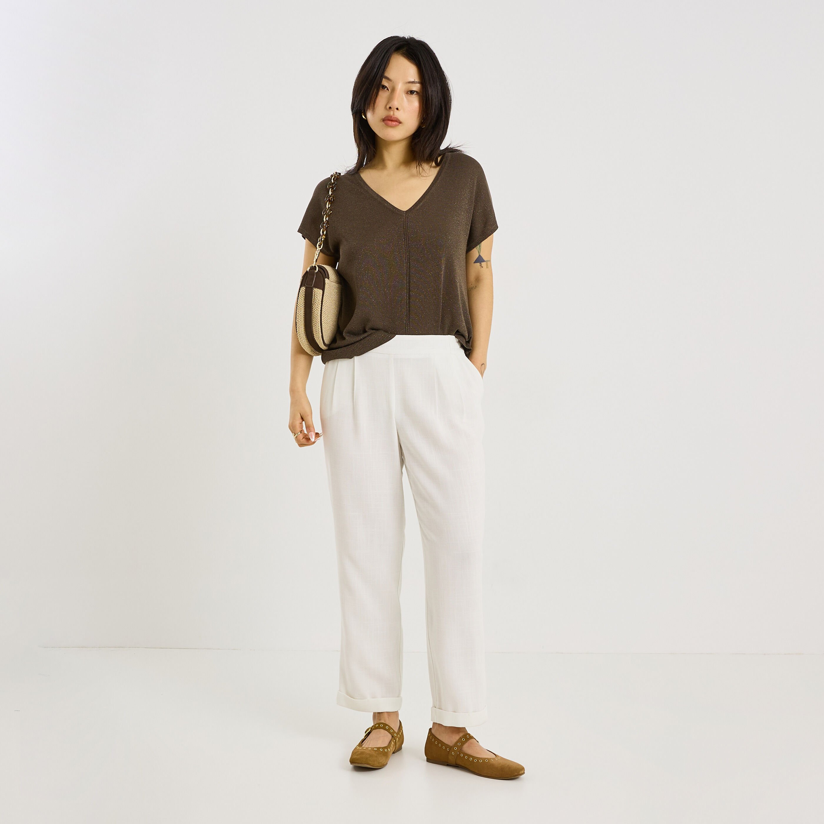 Pull brillant &agrave; manches courtes femme