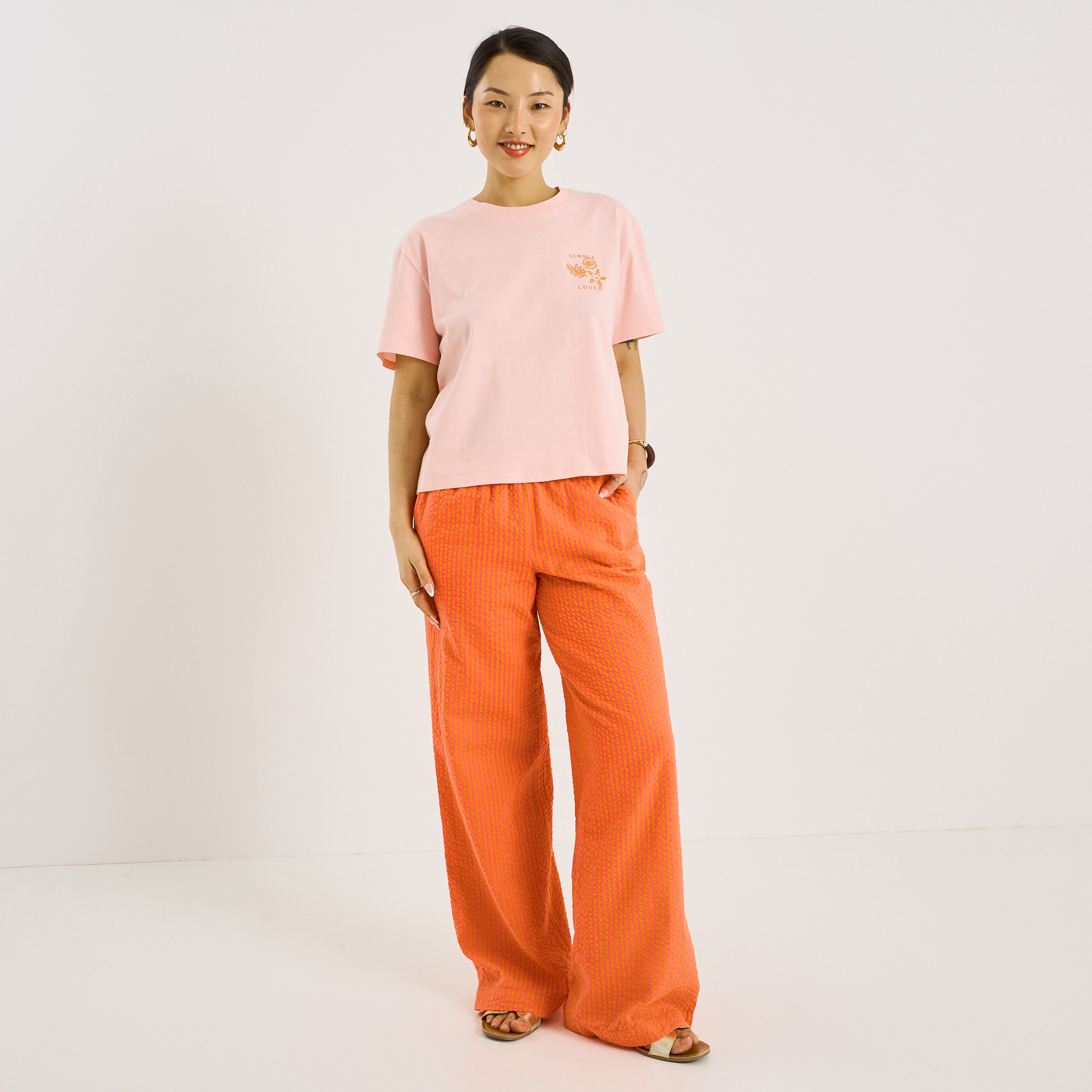 Pantalon seersucker ray&eacute; femme