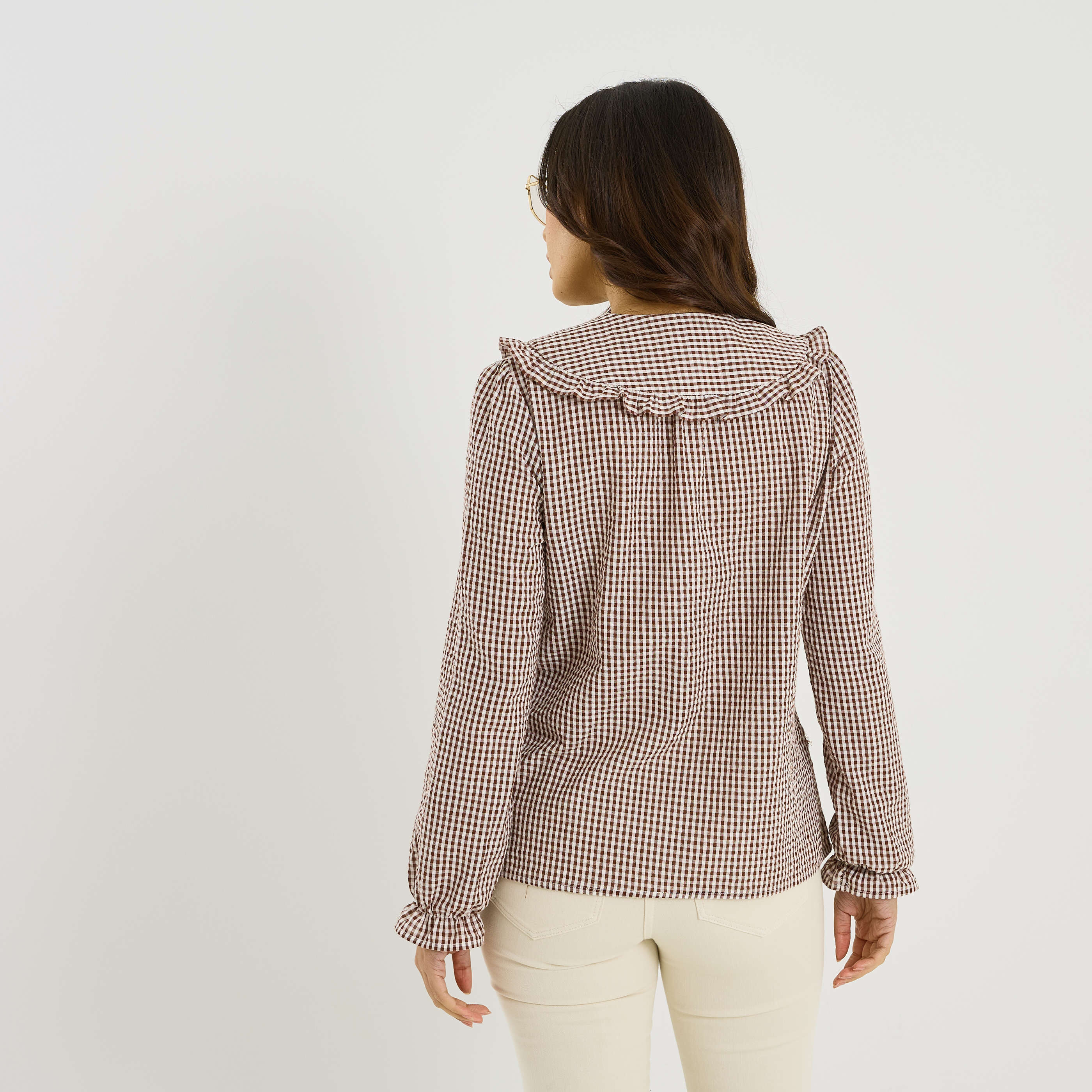 Chemise imprim&eacute; vichy &agrave; grand col femme 