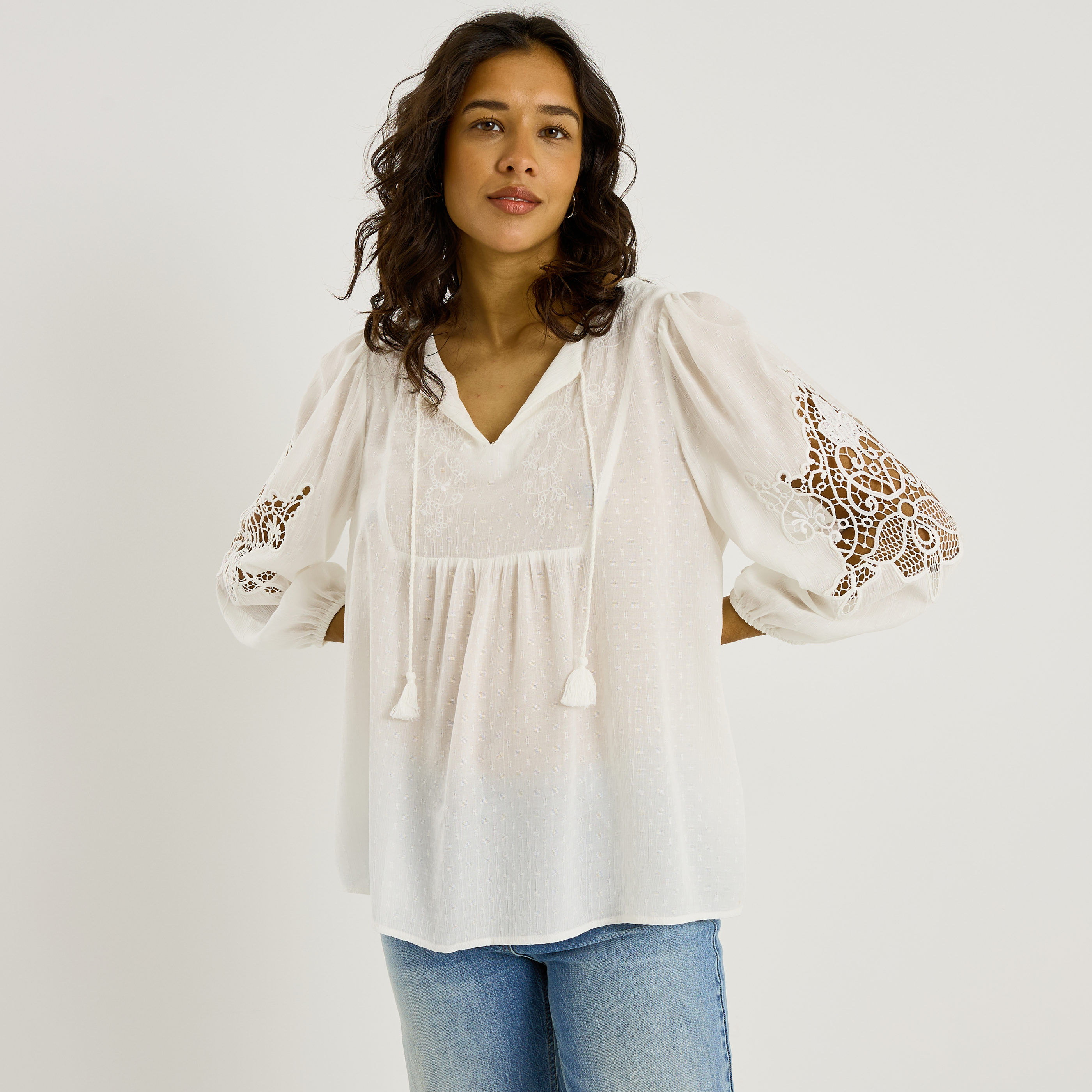 Blouse brod&eacute;e d&eacute;tails ajour&eacute;s femme