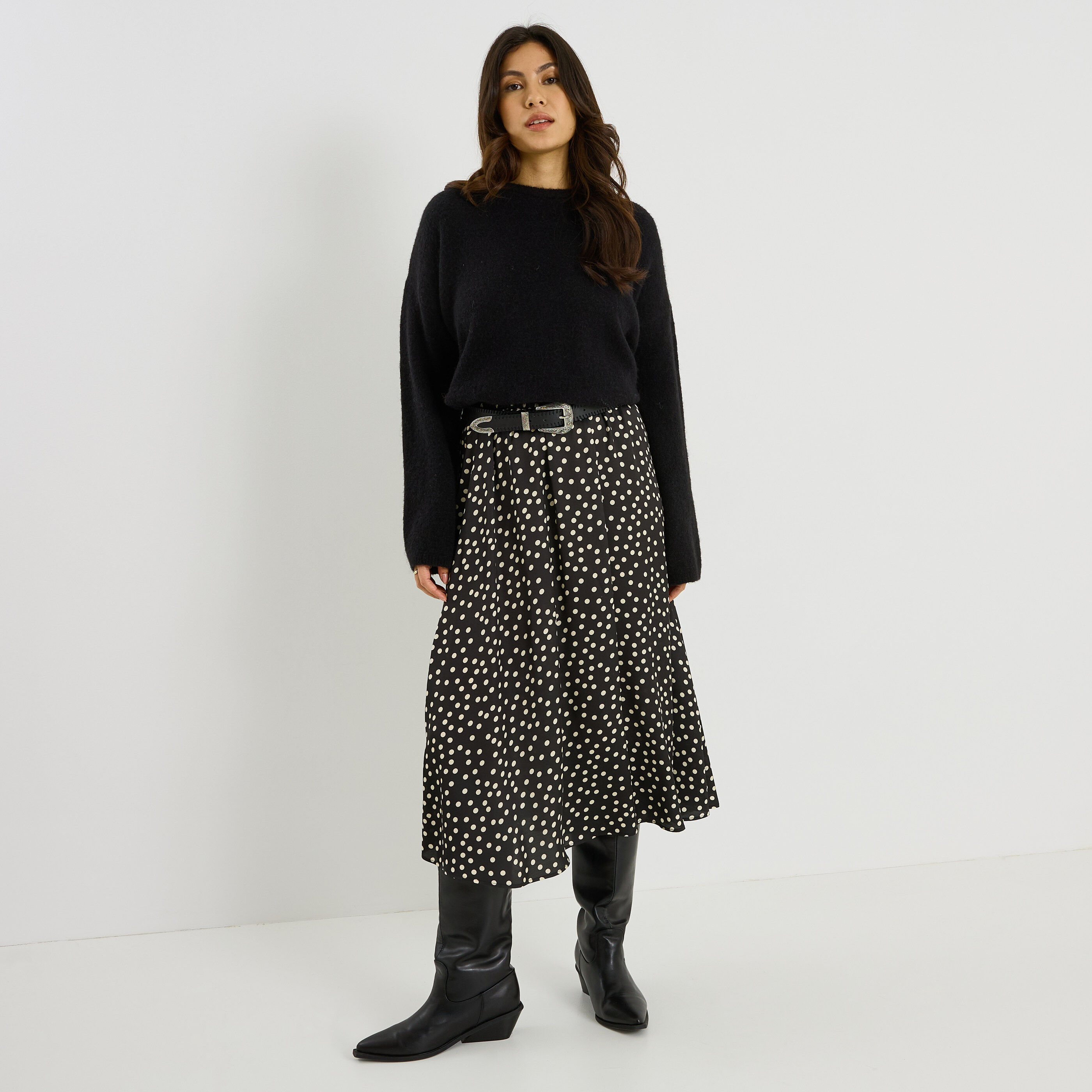 Jupe mi-longue imprim&eacute; &agrave; pois