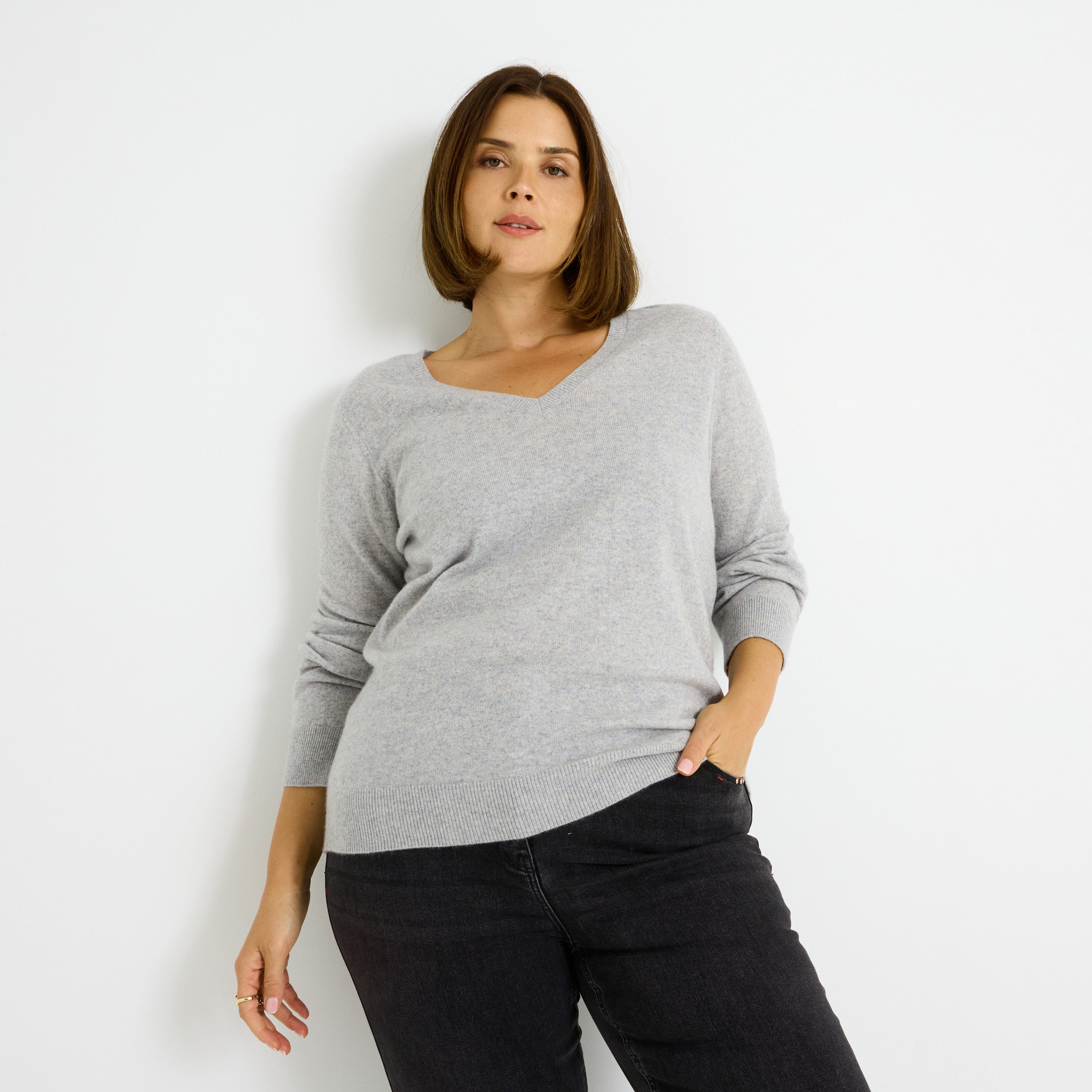 Pull col V laine et cachemire femme