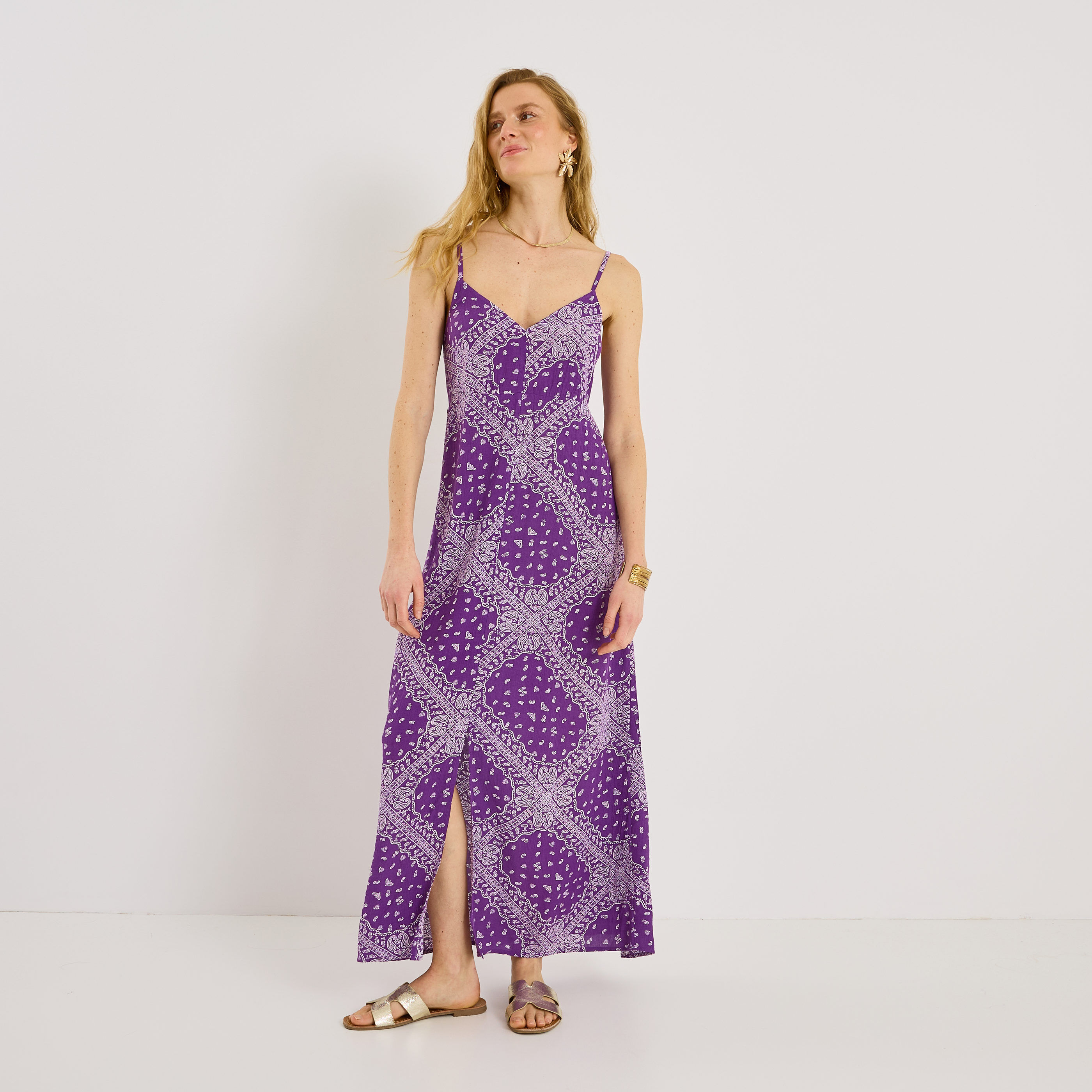 Robe longue imprim&eacute;e &agrave; bretelles