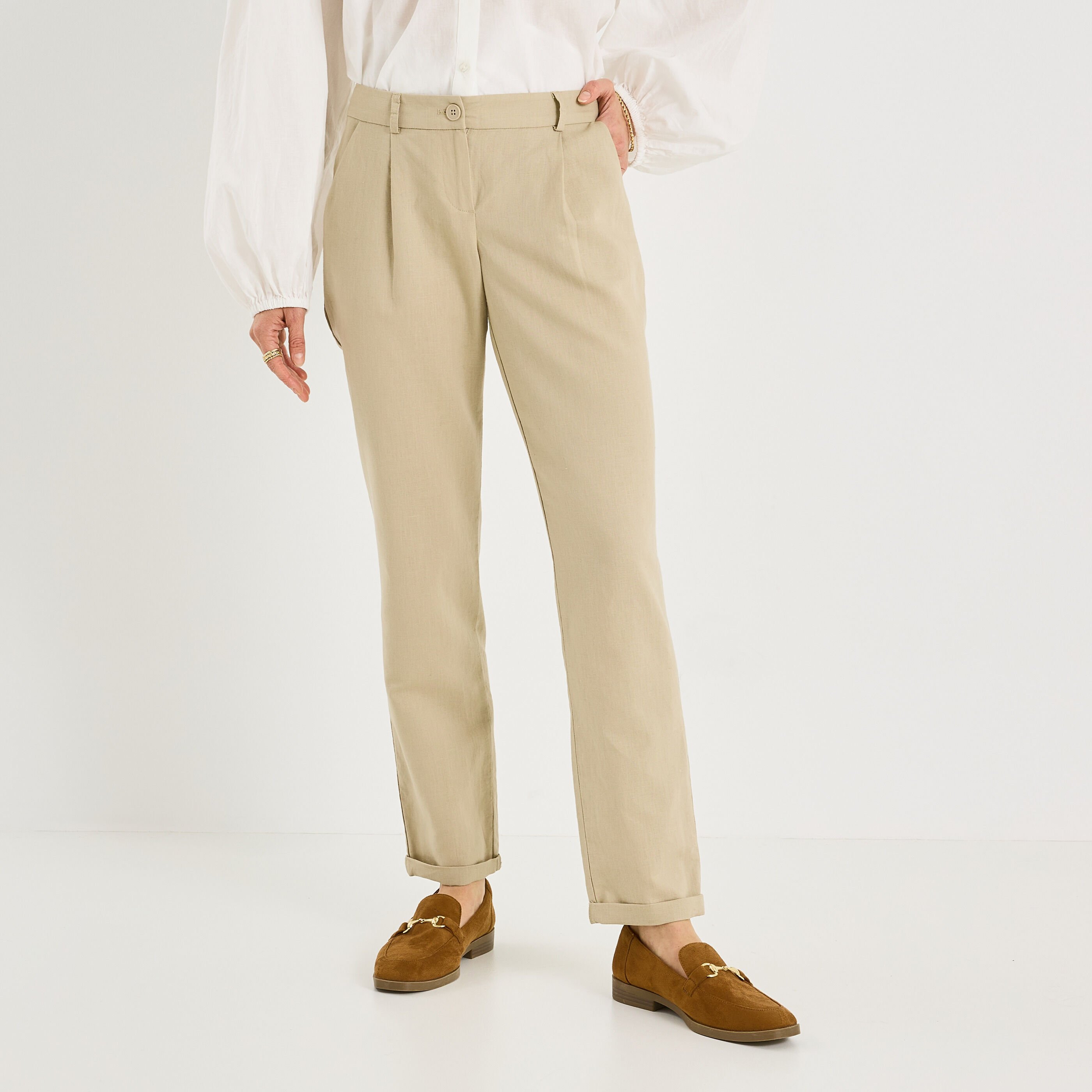 Pantalon &agrave; plis en lin m&eacute;lang&eacute; femme
