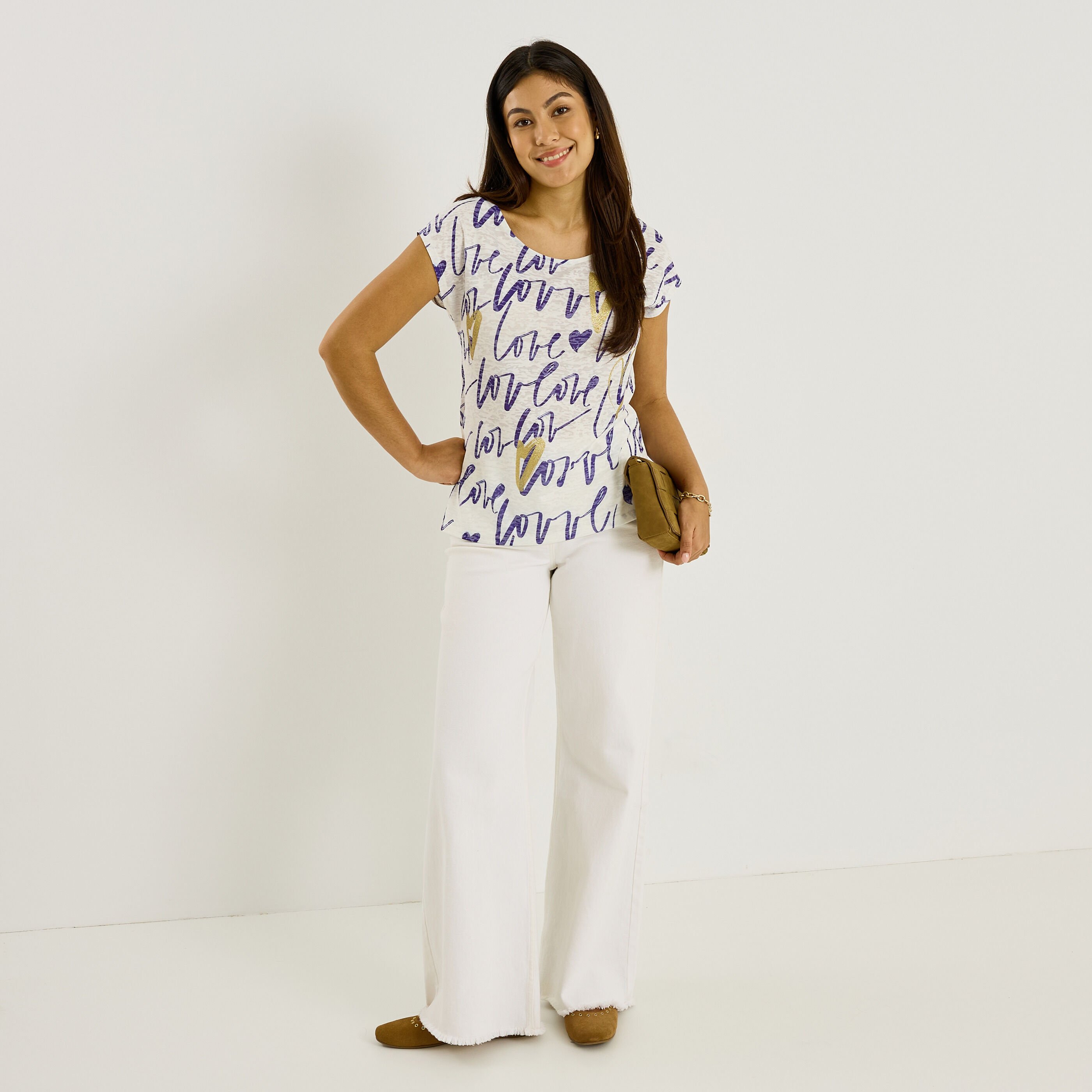 T-shirt col rond imprim&eacute; c&oelig;ur femme