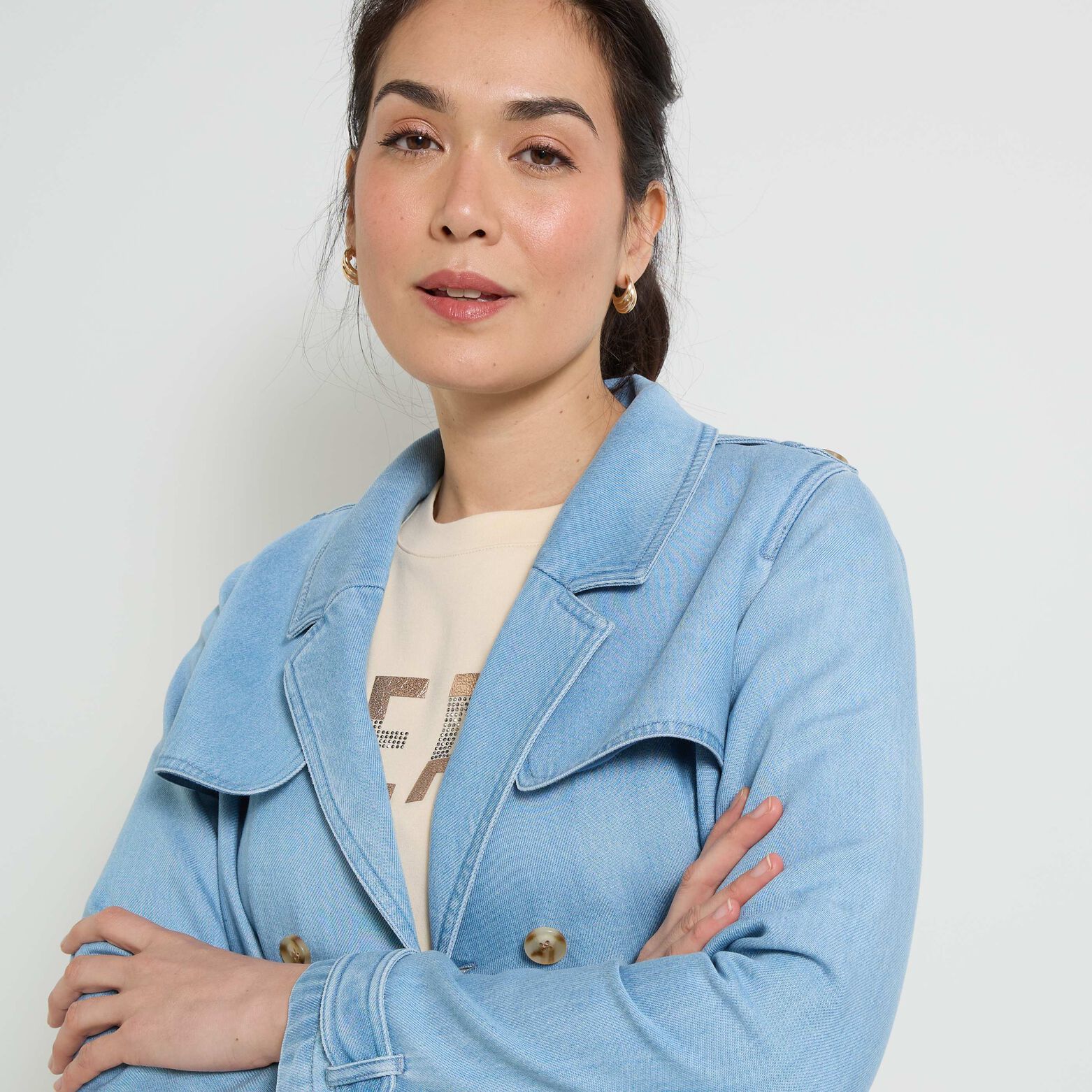 Trench court en denim femme