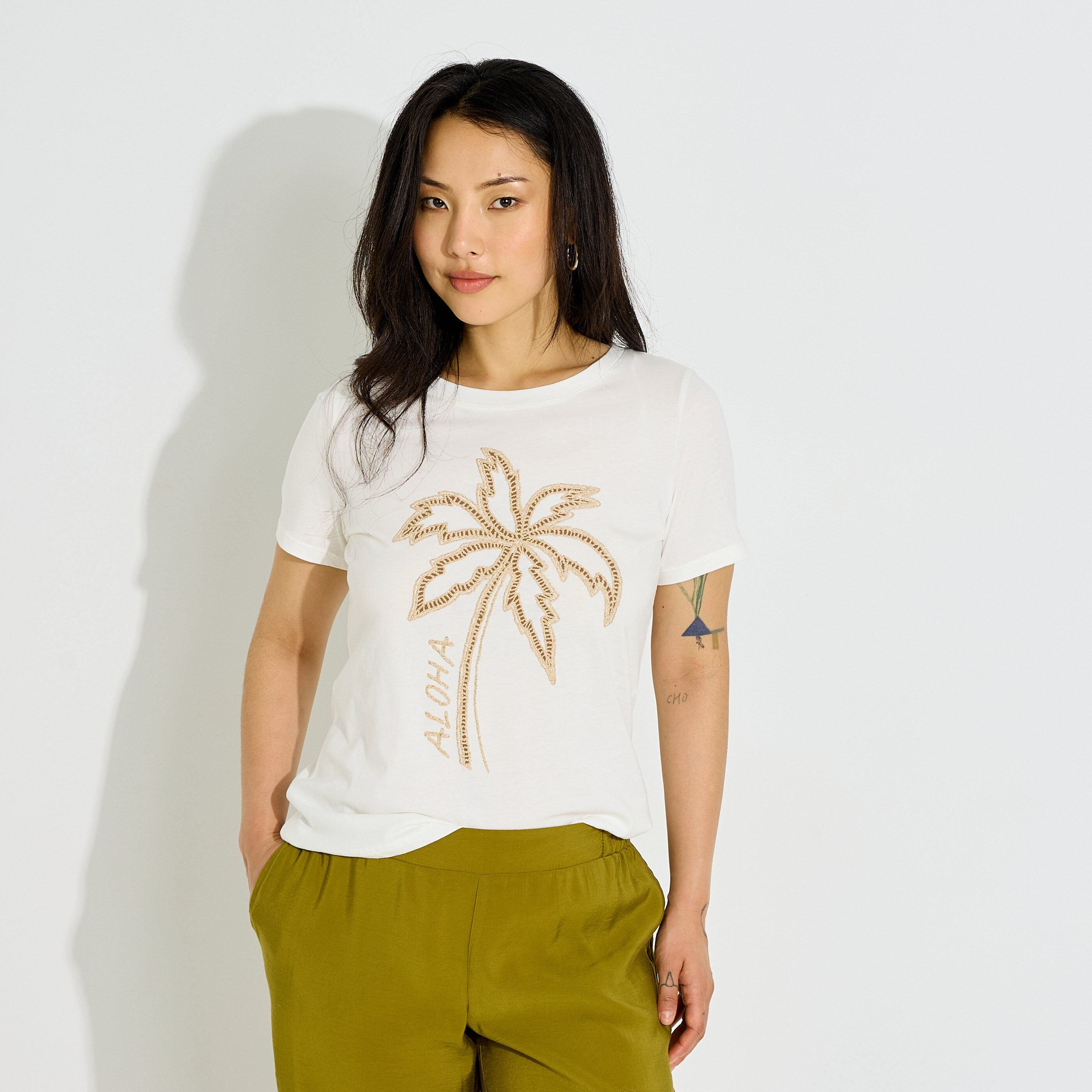 T-shirt col rond broderie palmier femme