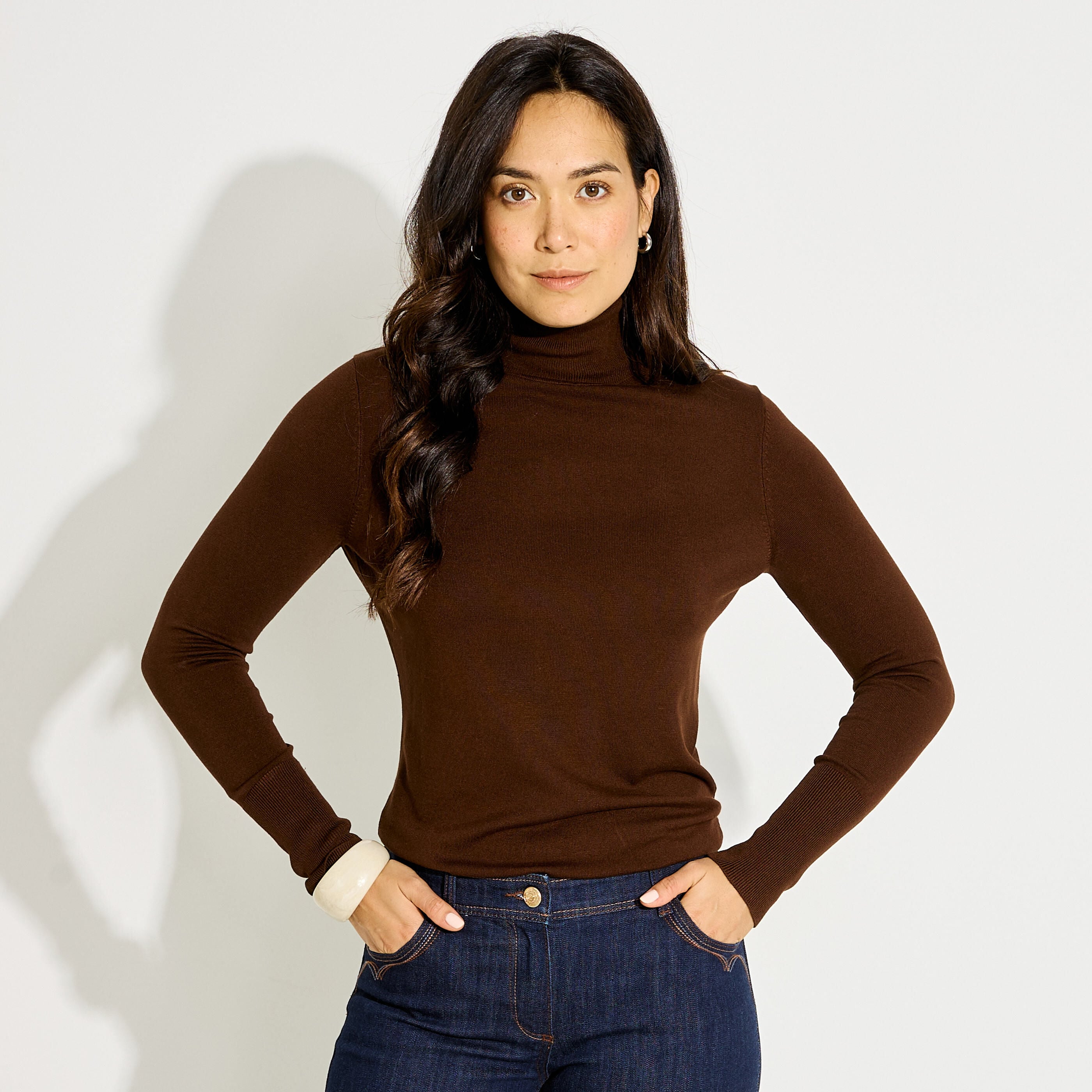 Pull col roul&eacute; maille fine femme