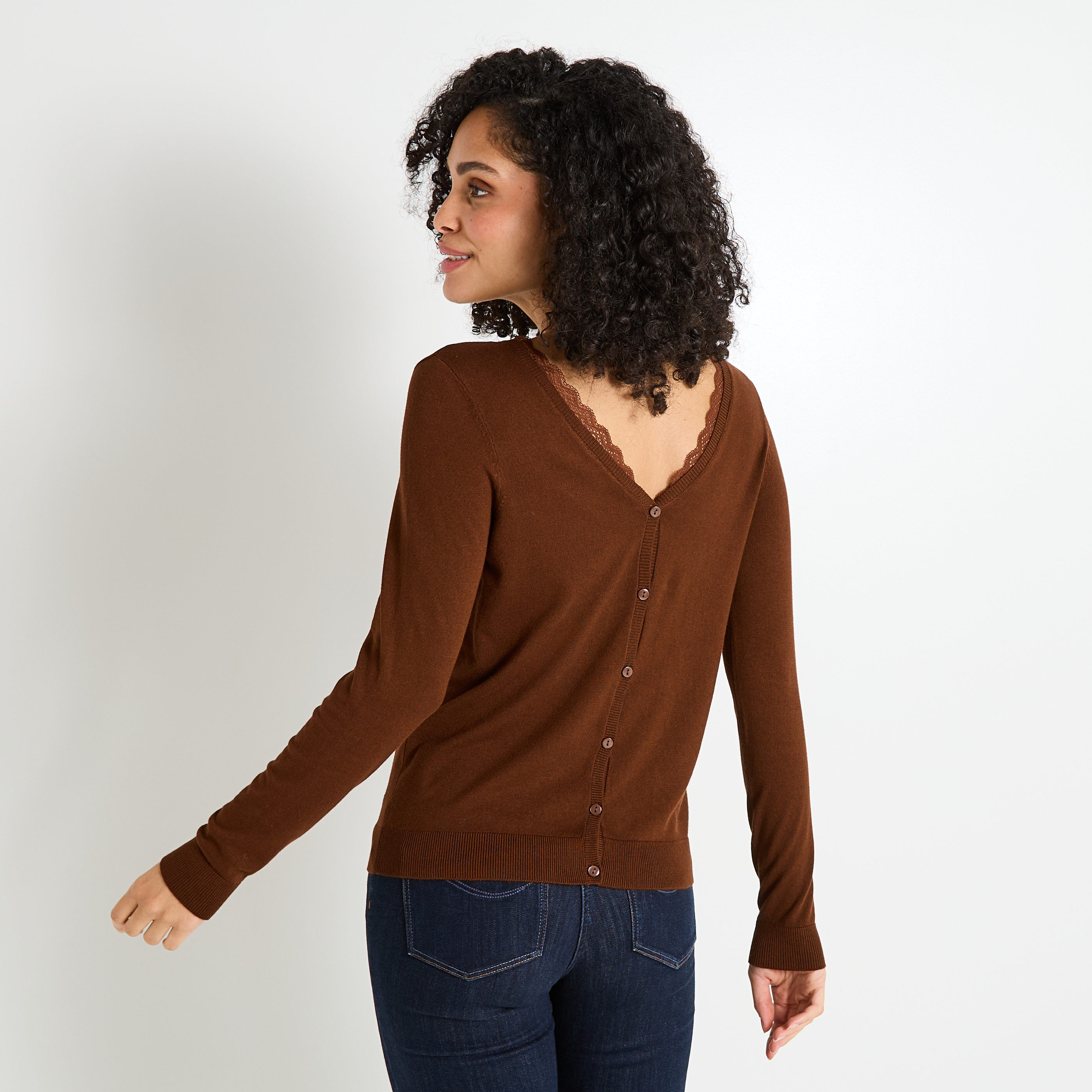 Gilet col V ajour&eacute; femme