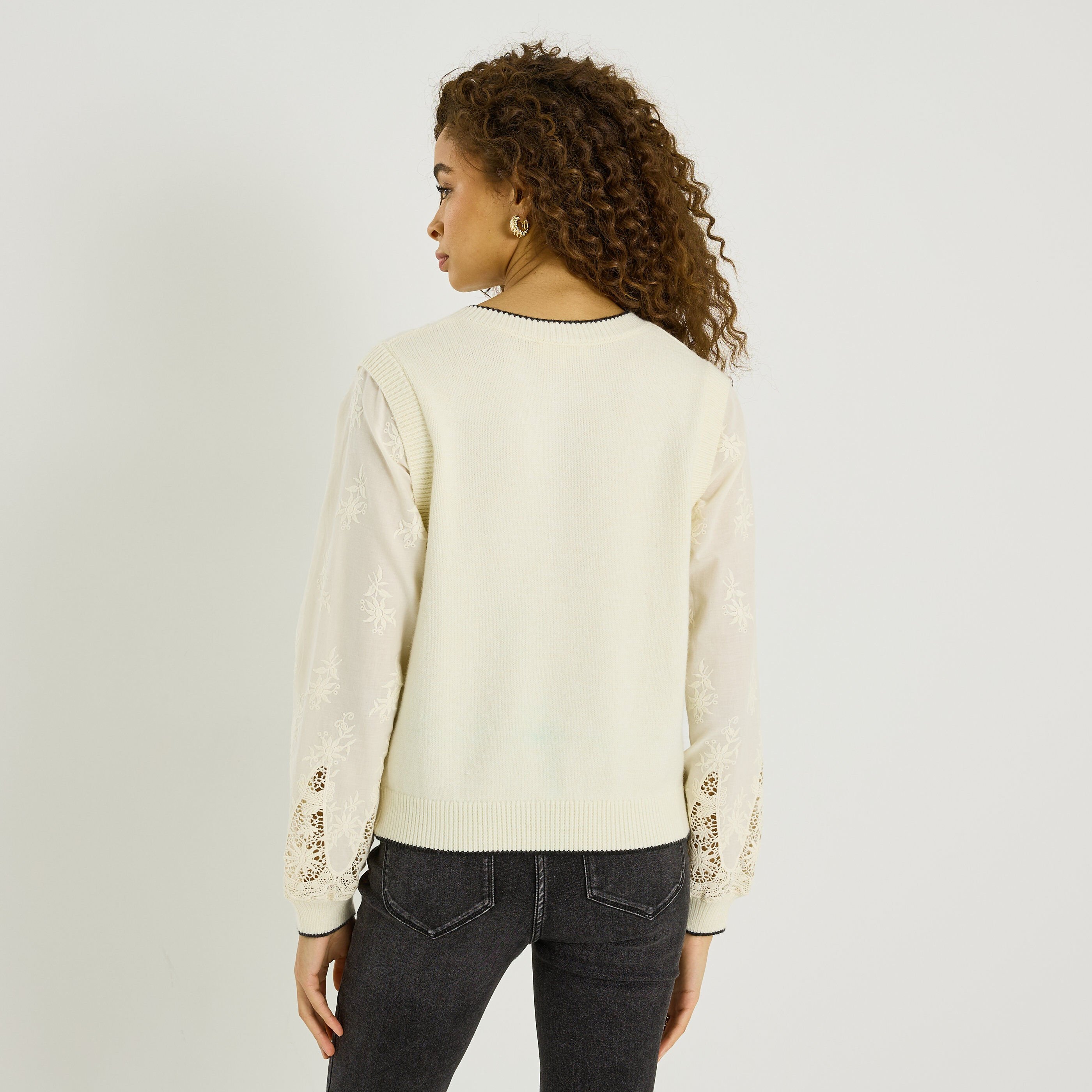 Gilet bi-mati&egrave;re &agrave; col rond femme