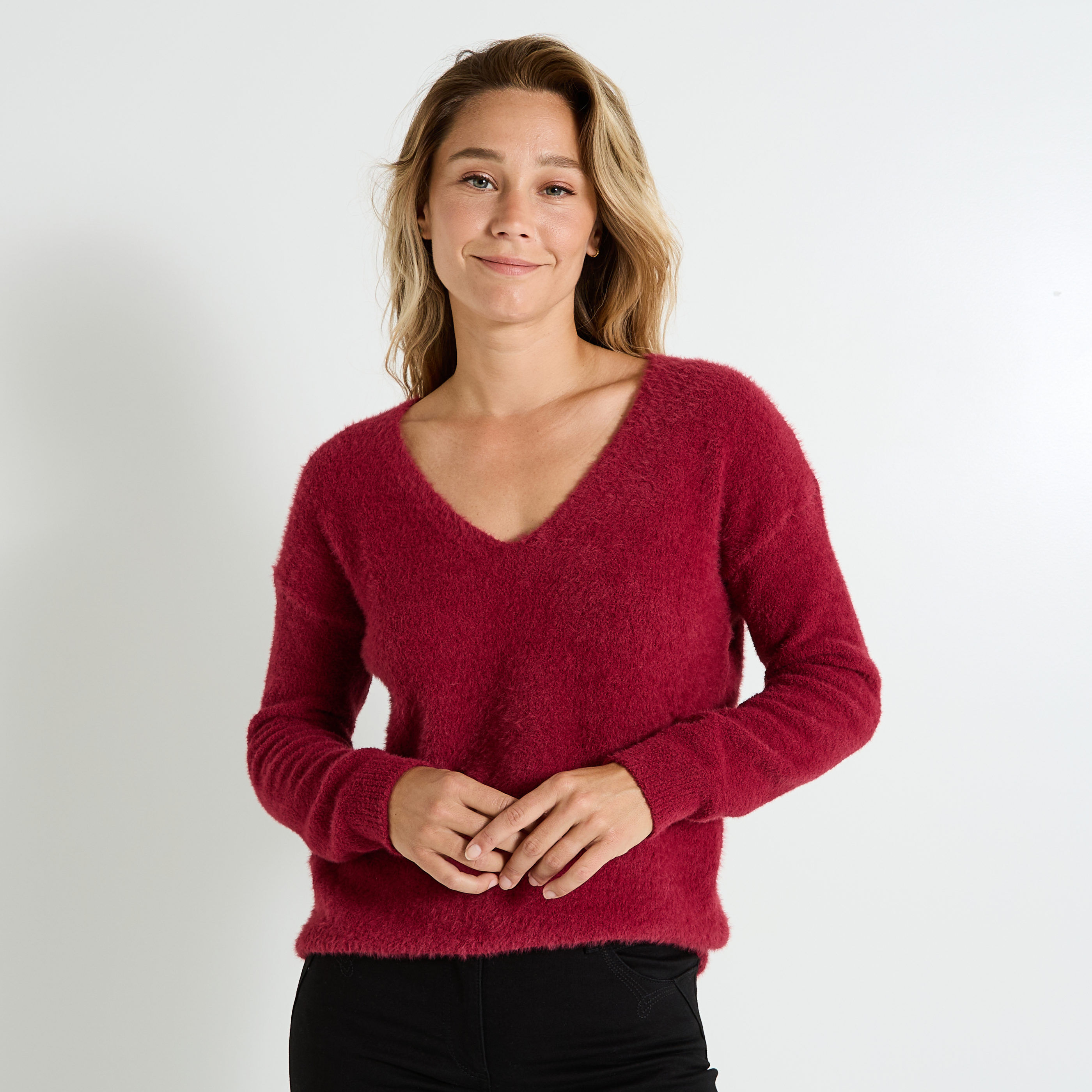Pull fluffy &agrave; col V femme