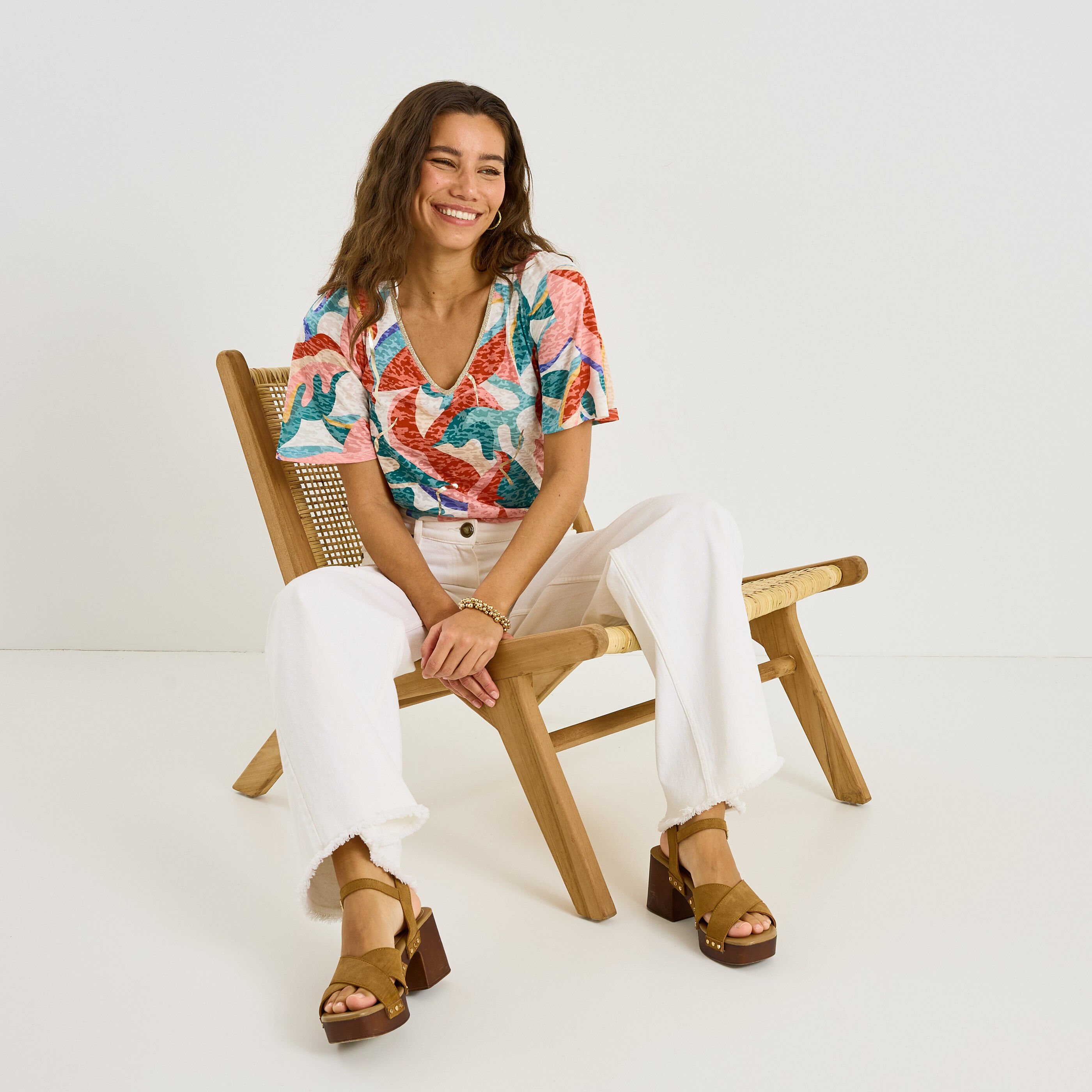 T-shirt imprim&eacute; manches volant&eacute;es femme