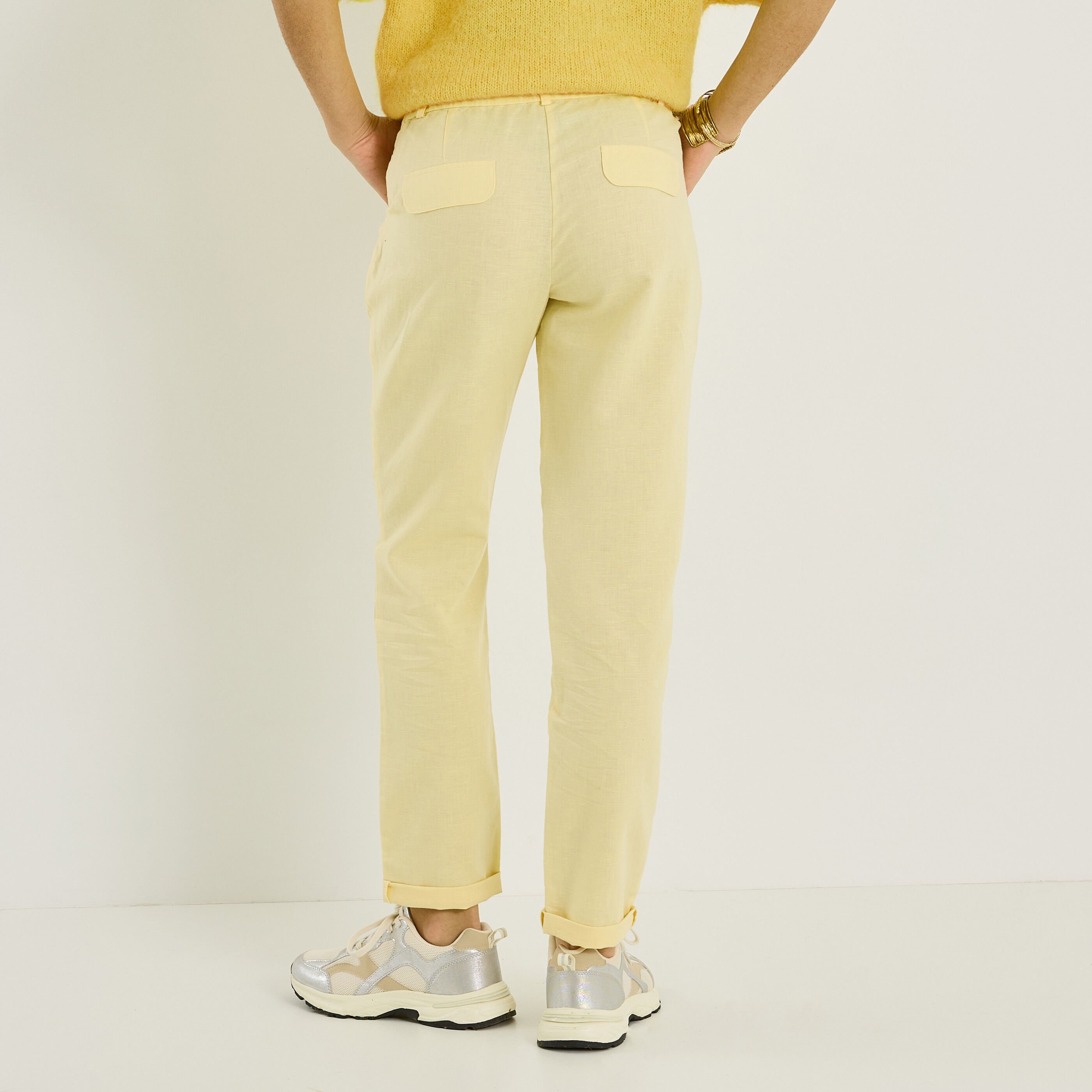 Pantalon &agrave; plis en lin m&eacute;lang&eacute; femme