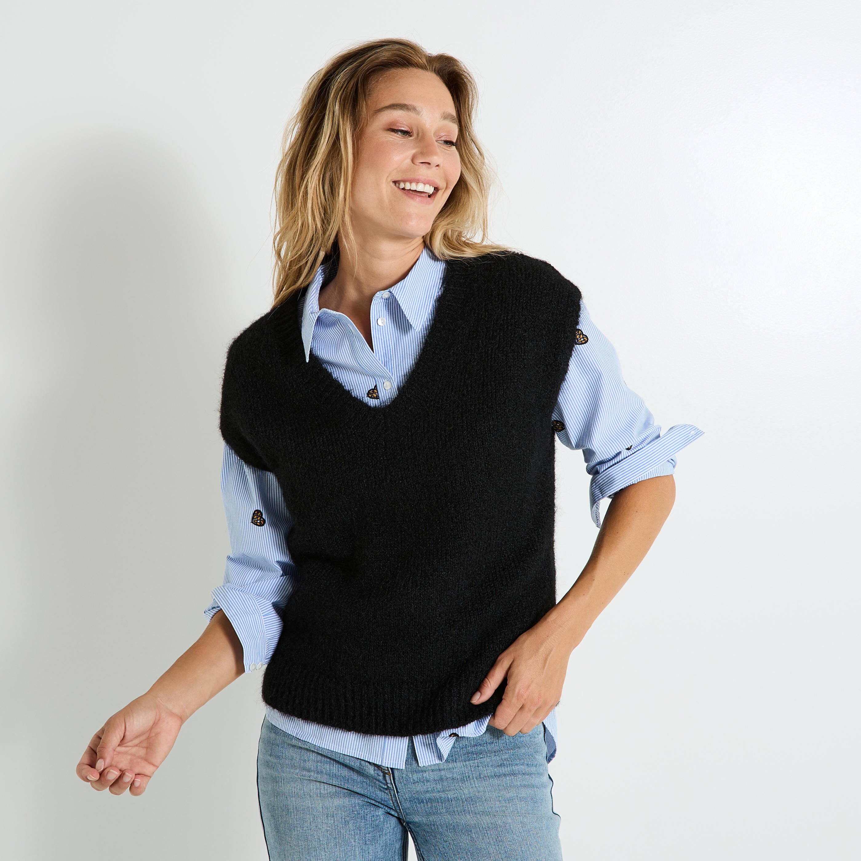 Pull sans manches col V femme