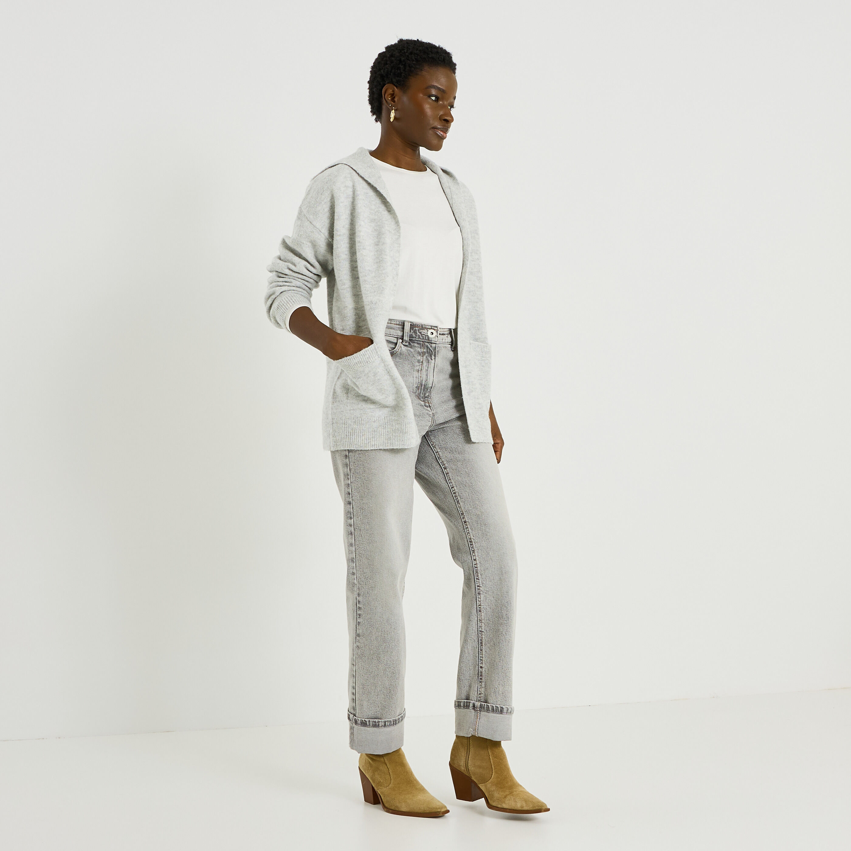 Gilet mi-long &agrave; capuche femme