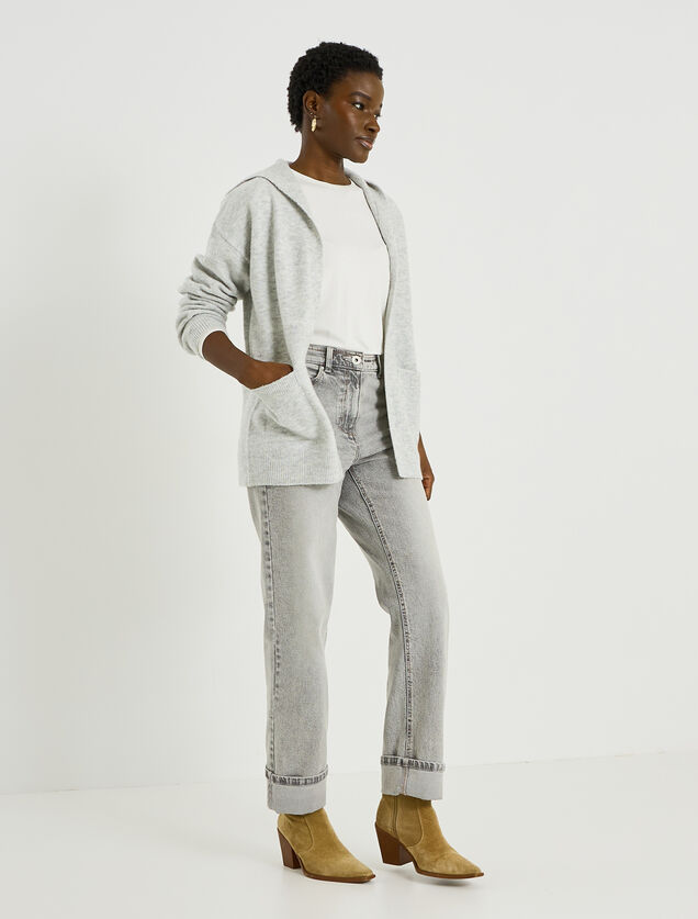Gilet mi-long &agrave; capuche femme