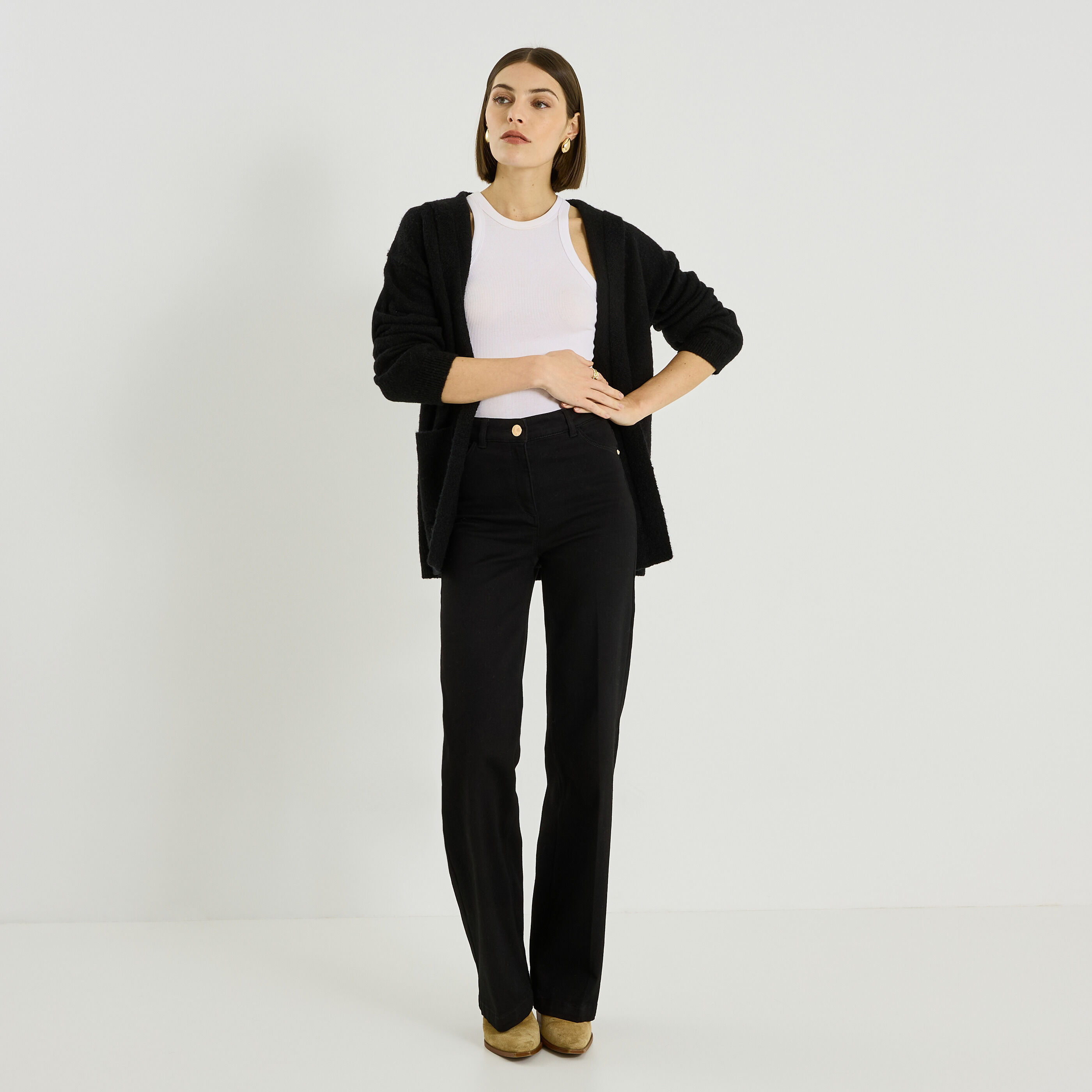 Gilet mi-long &agrave; capuche femme