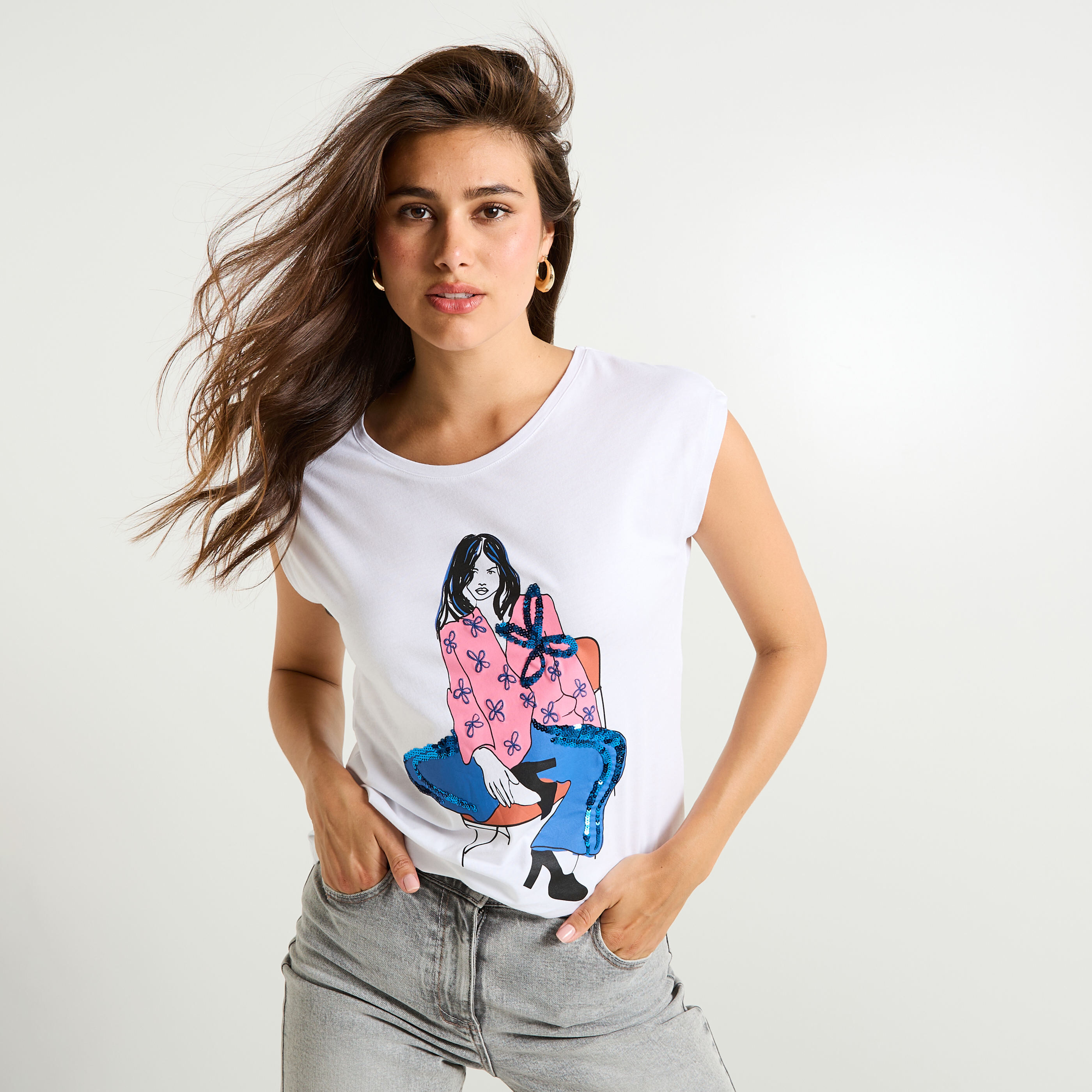 T-shirt imprim&eacute; &agrave; col rond femme