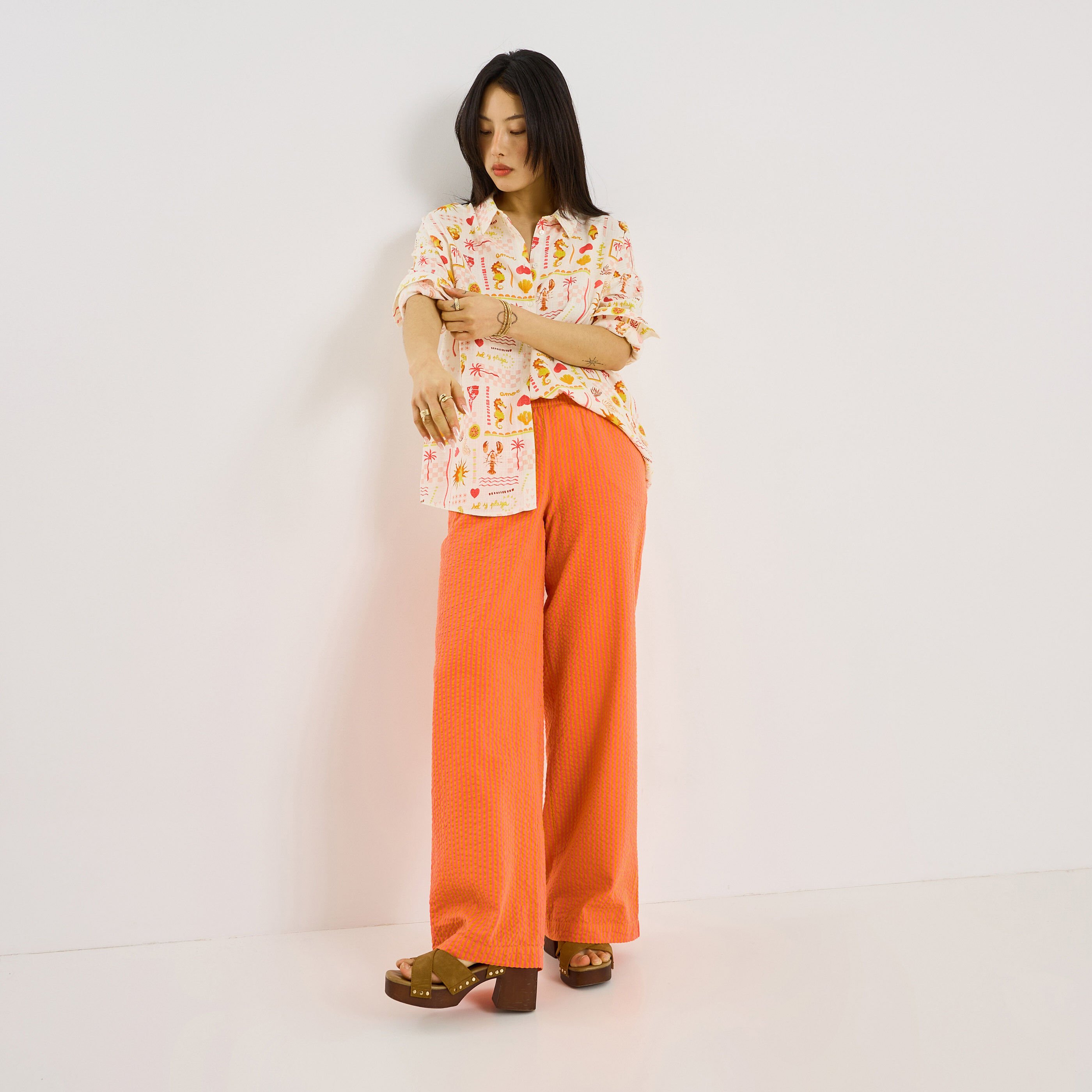 Pantalon seersucker ray&eacute; femme