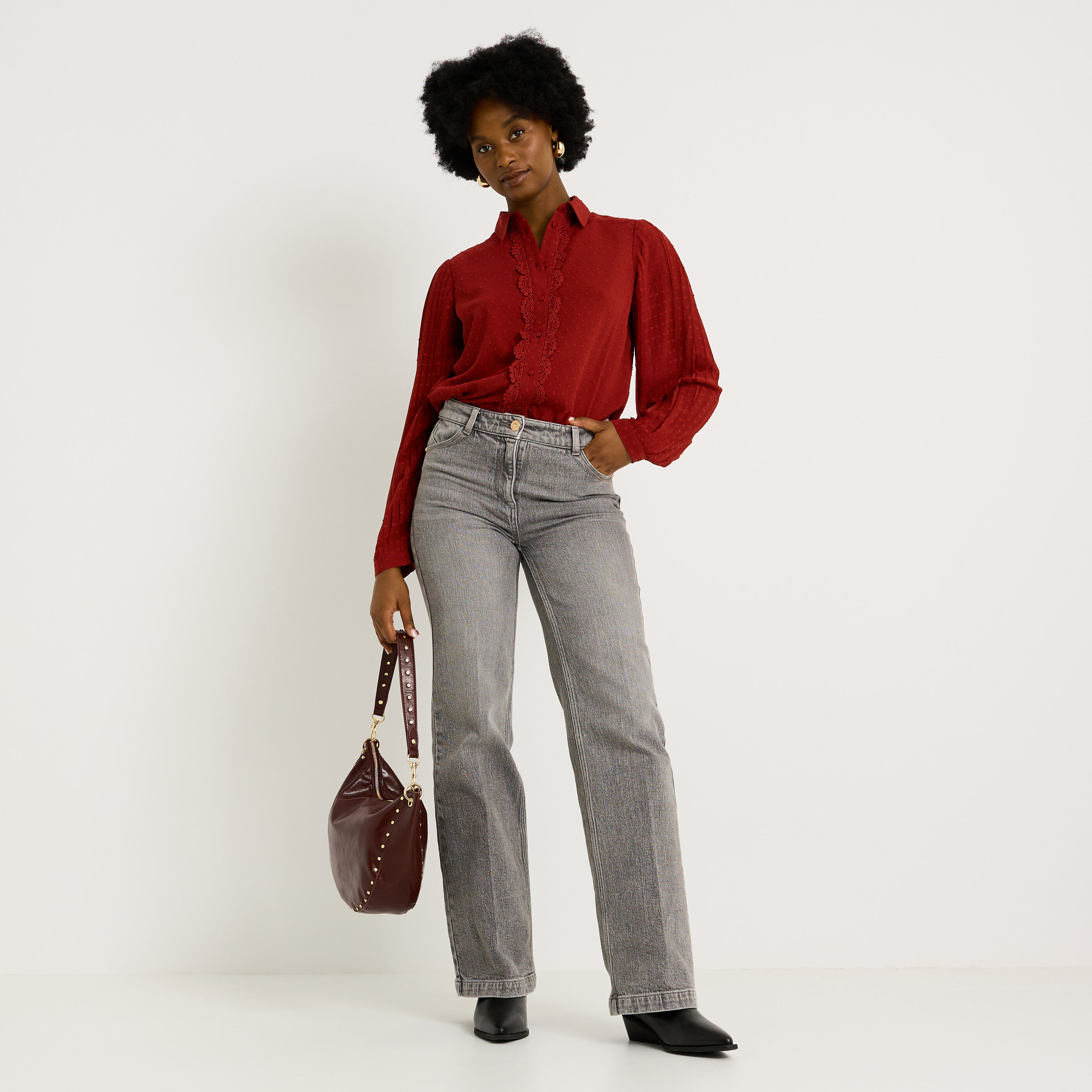 Chemise plumetis manches pliss&eacute;es femme