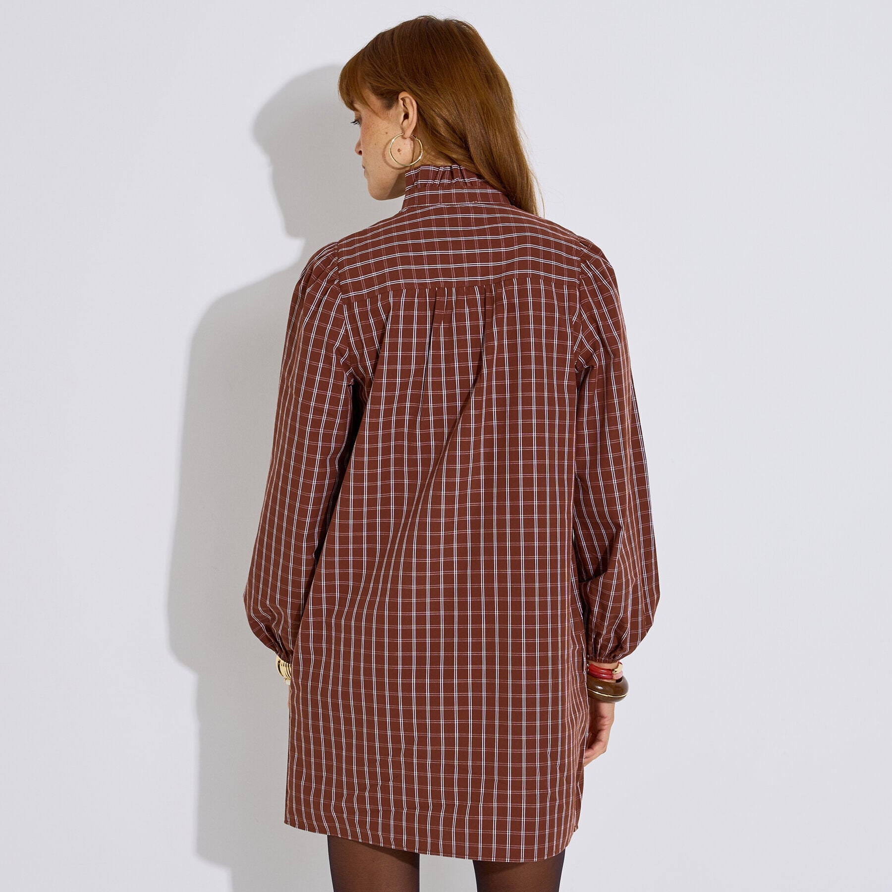 Robe courte &agrave; carreaux col volant&eacute; femme