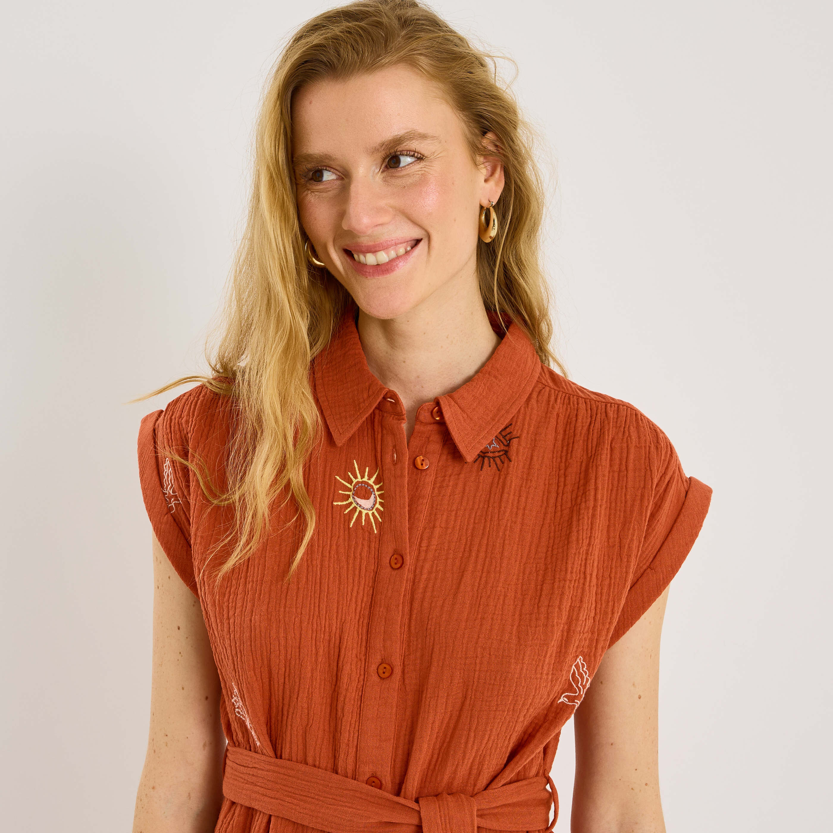 Robe-chemise courte en gaze de coton