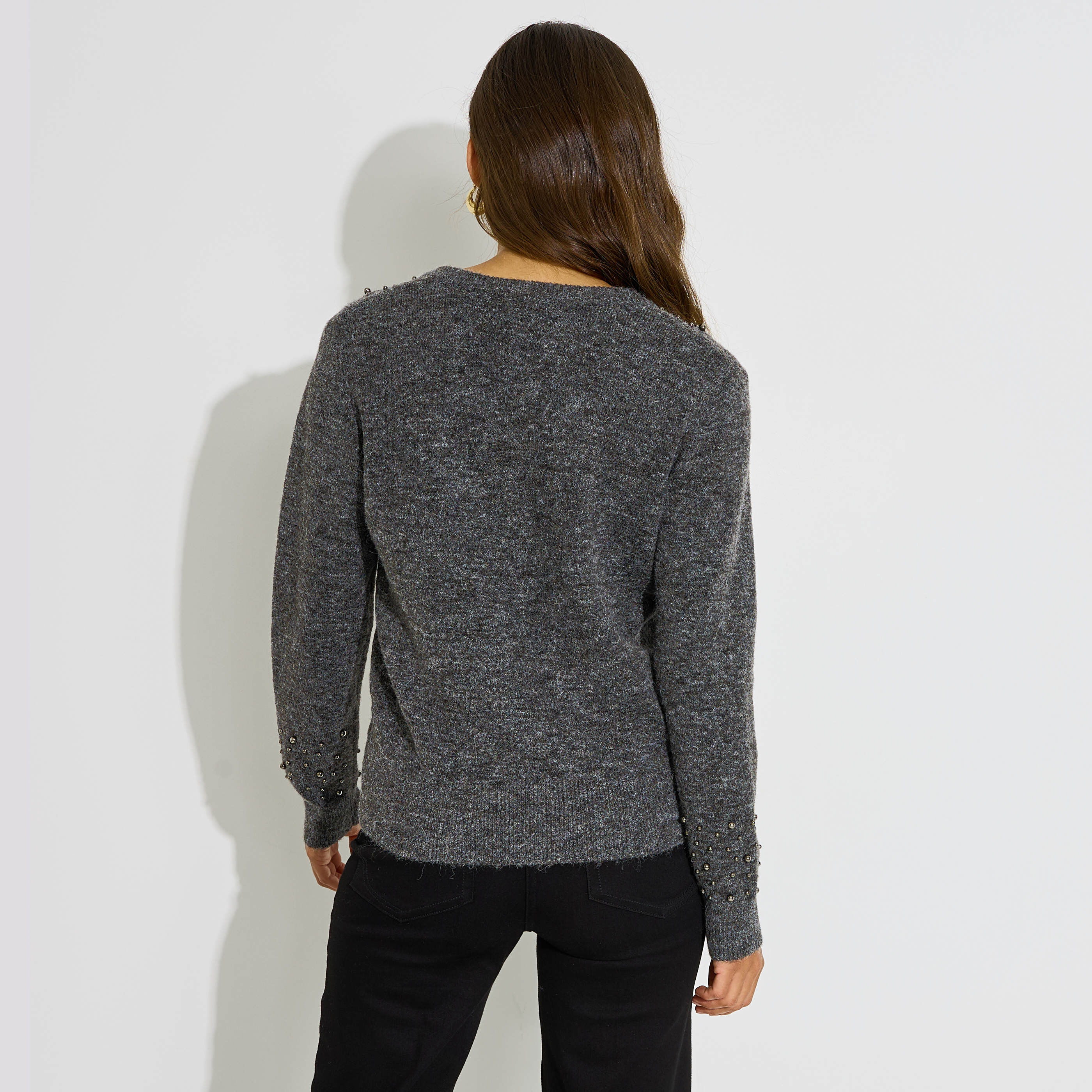 Pull col V perles femme