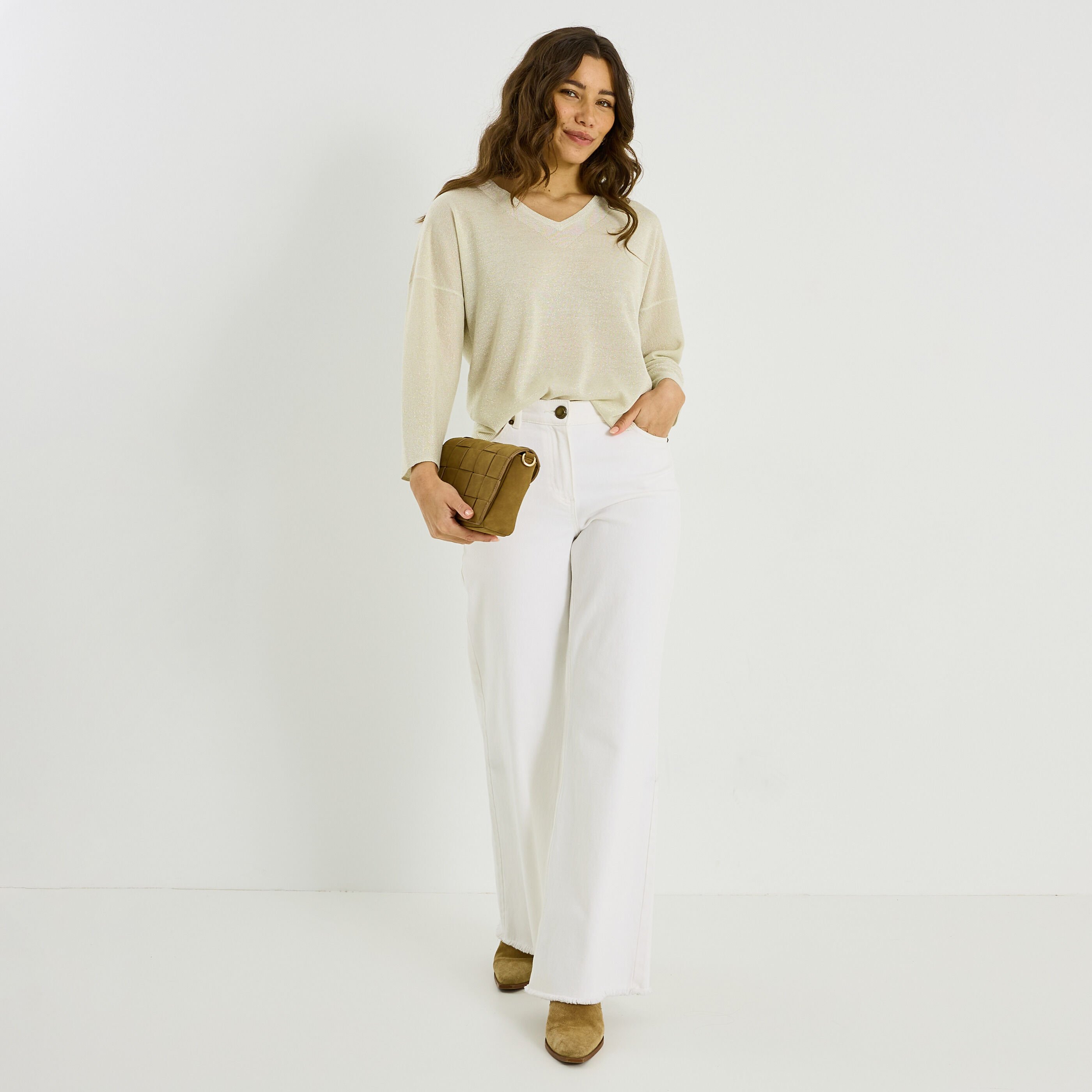 Pull brillant &agrave; col V femme