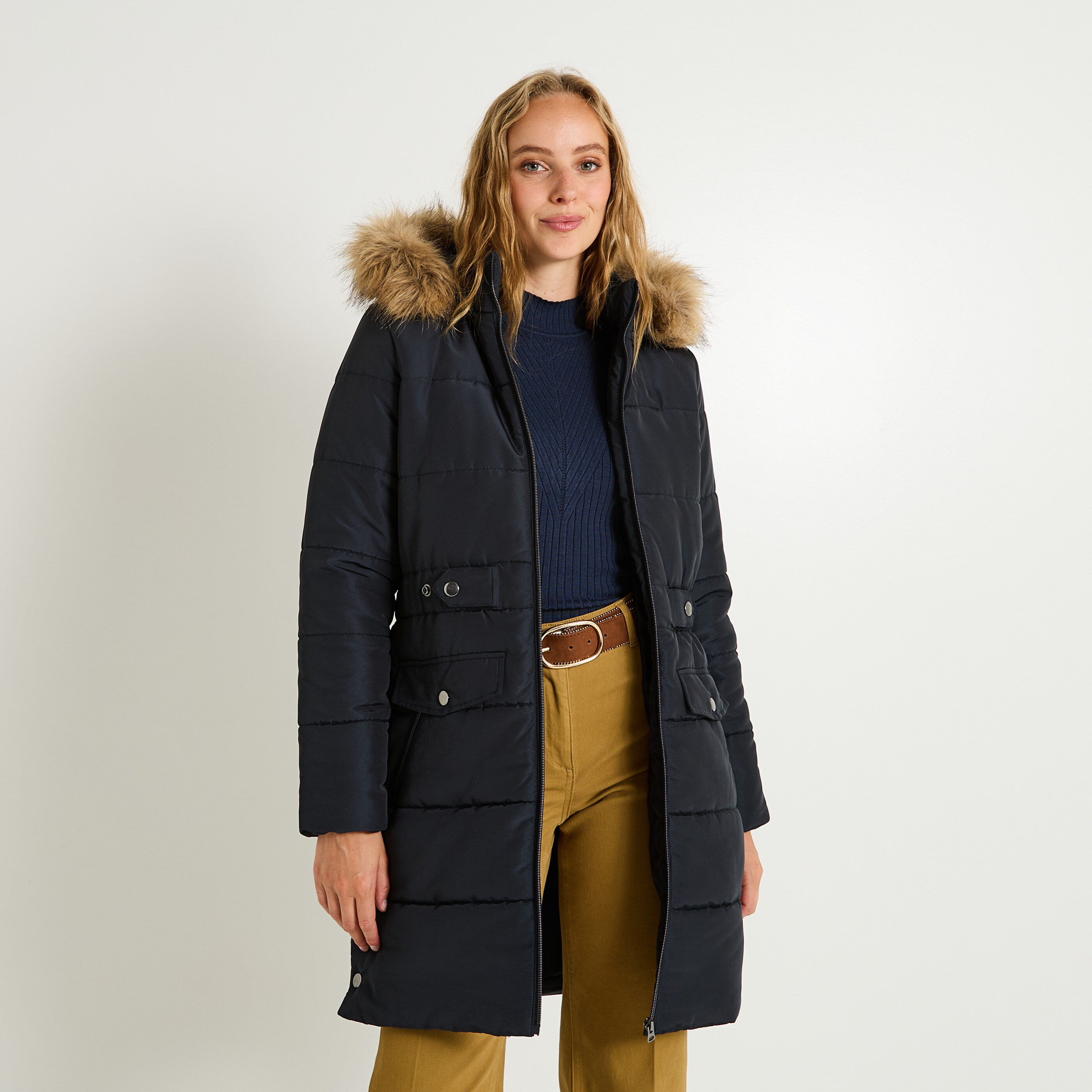 Doudoune longue &agrave; capuche amovible femme