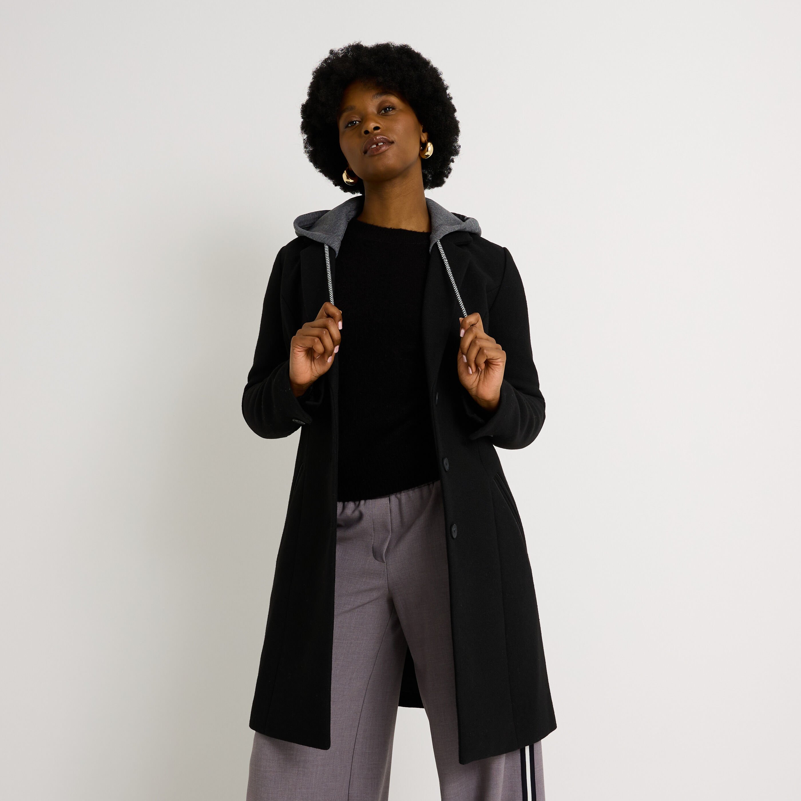 Manteau mi-long capuche amovible femme