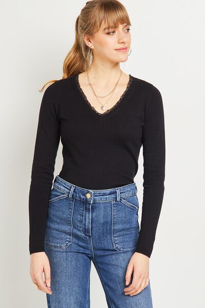Pull col V noir femme