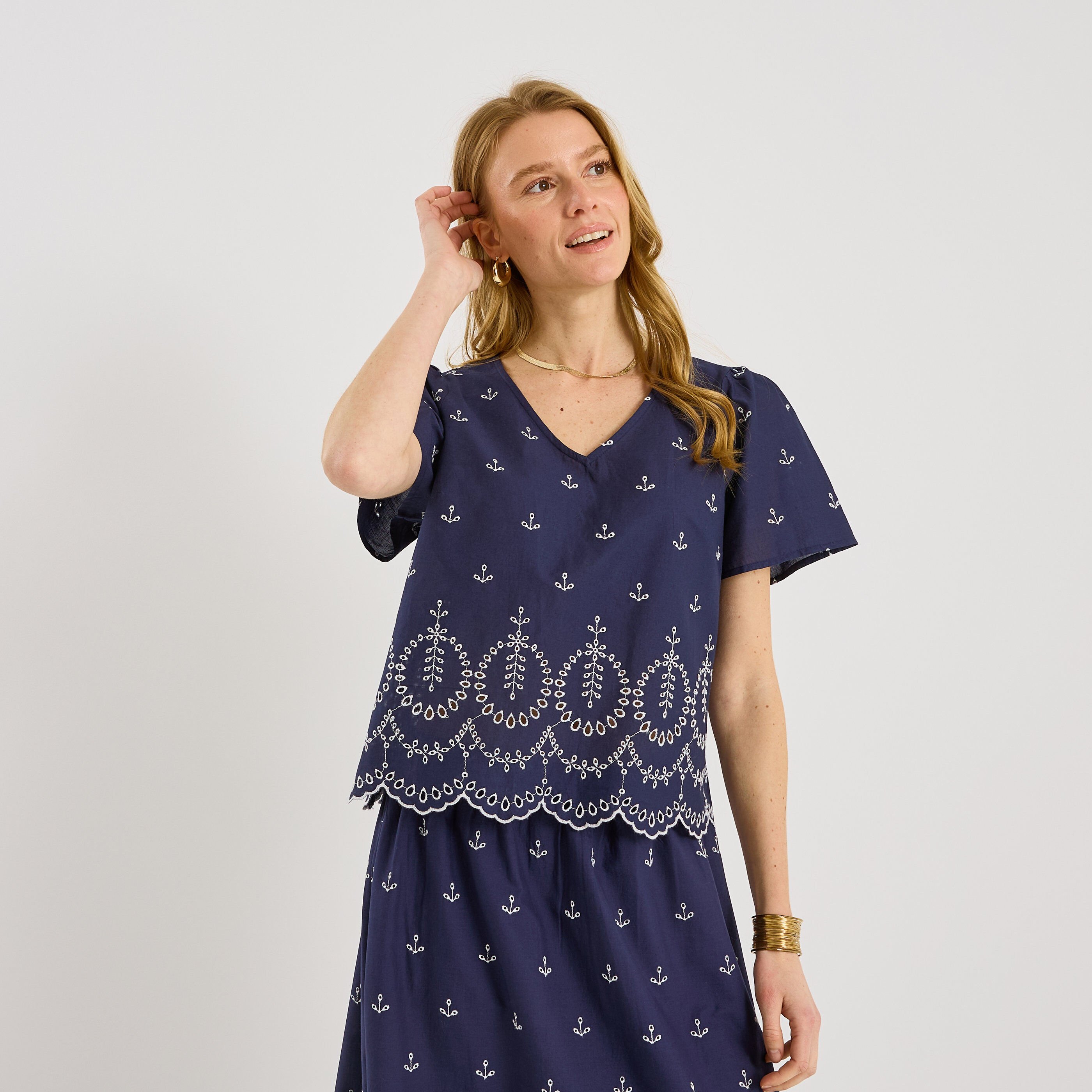 Blouse brod&eacute;e manches ballon femme