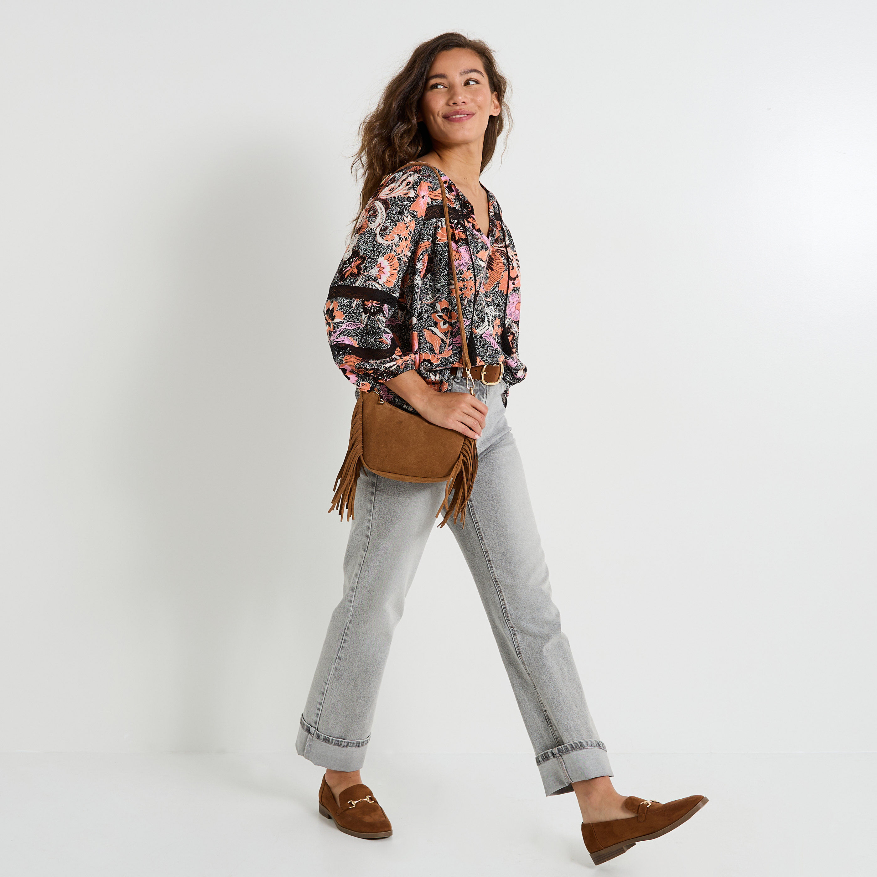 Blouse col V imprim&eacute;e femme