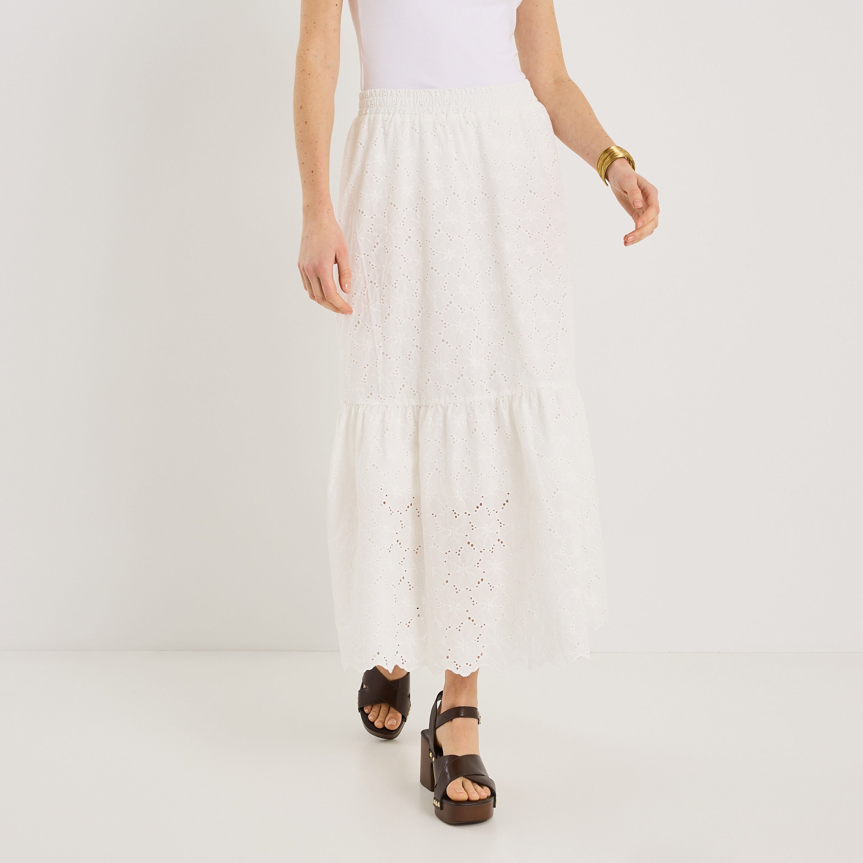 Jupe longue &eacute;vas&eacute;e broderie anglaise