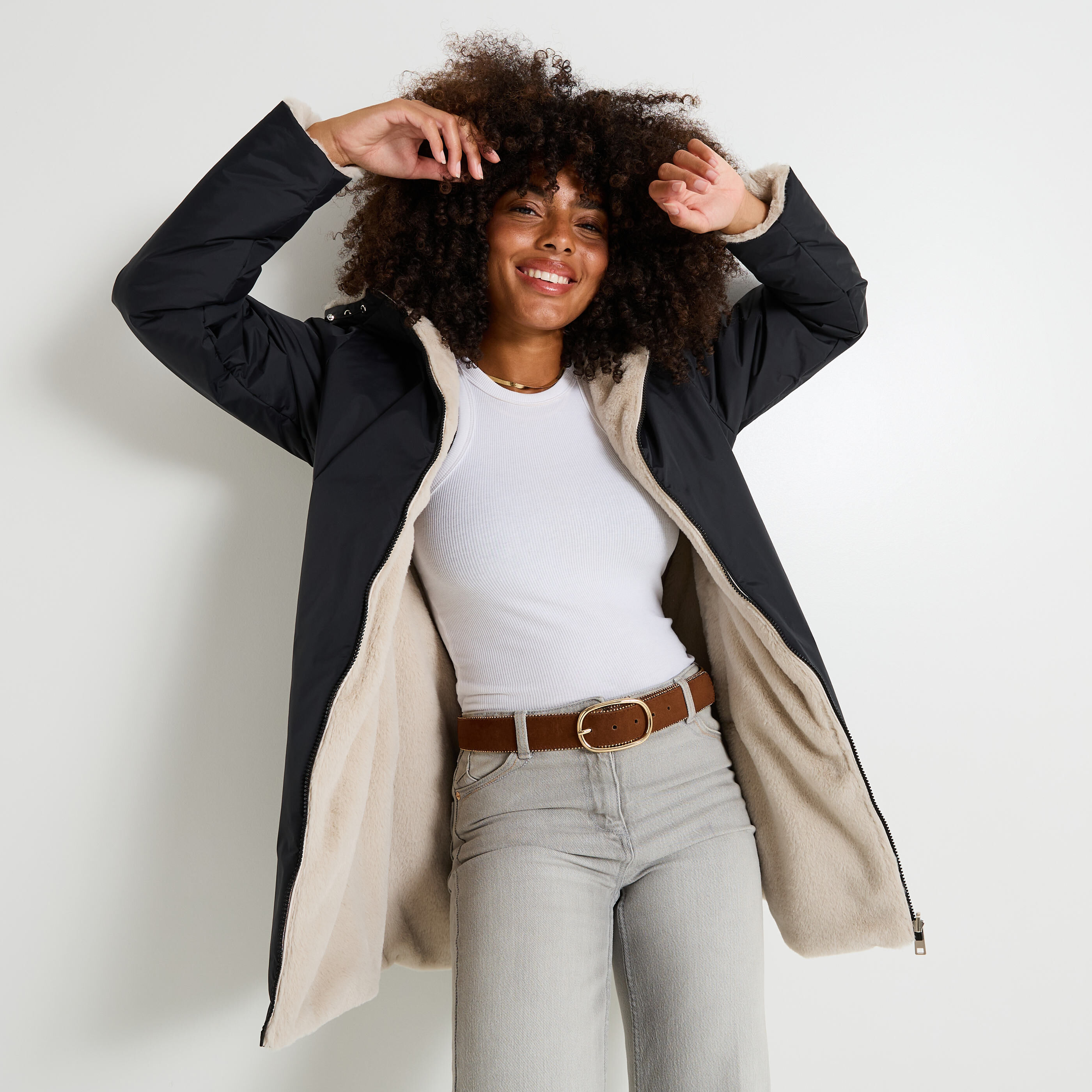 Parka mi-longue r&eacute;versible femme