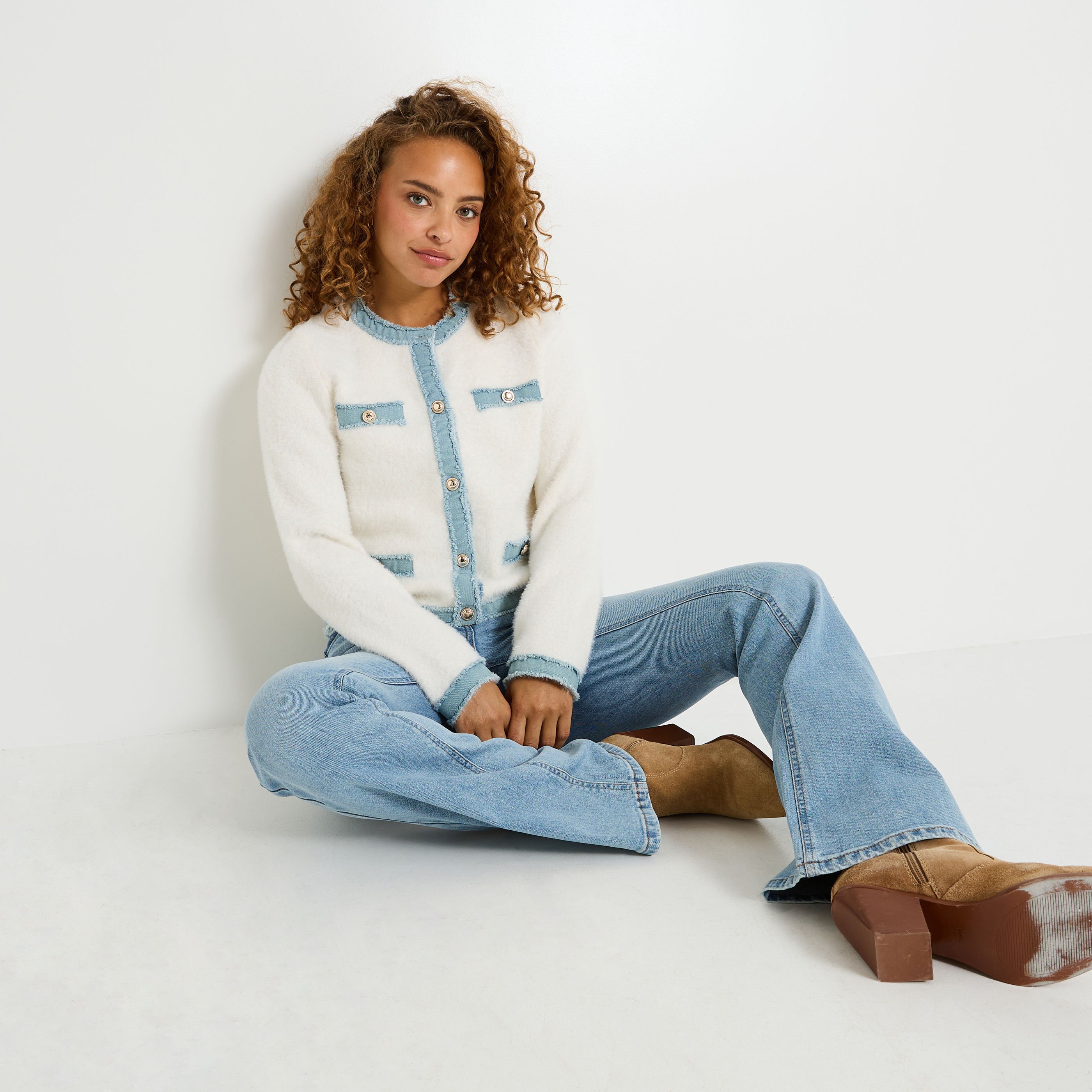 Gilet fluffy d&eacute;tail en denim femme