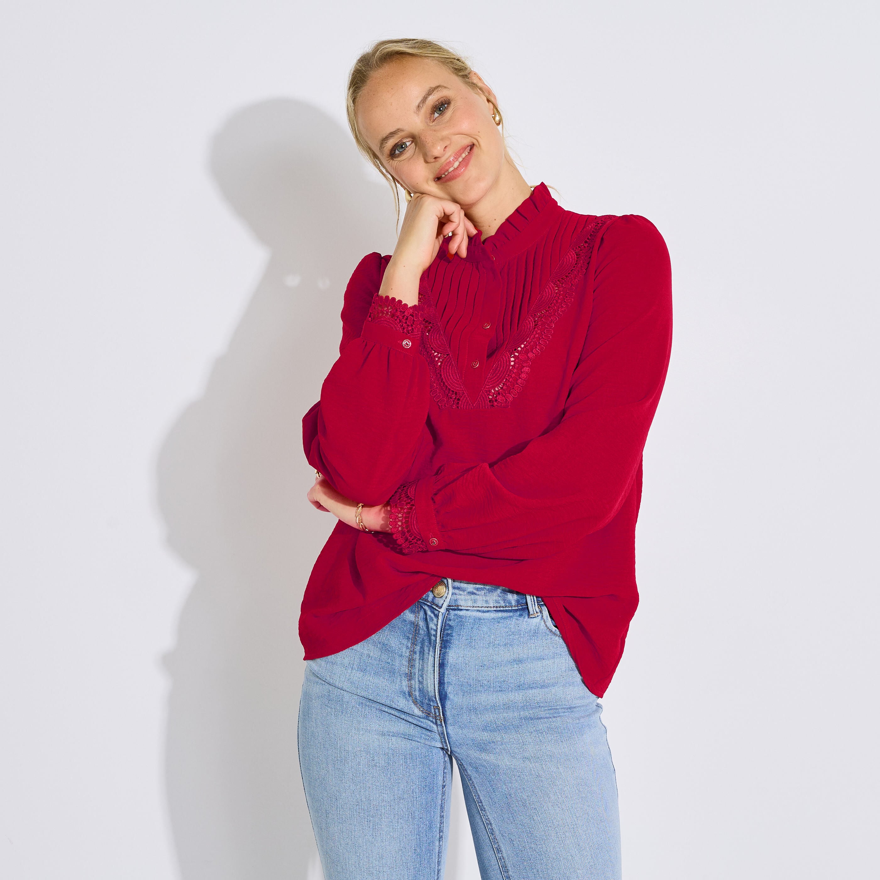 Blouse col montant pliss&eacute; femme