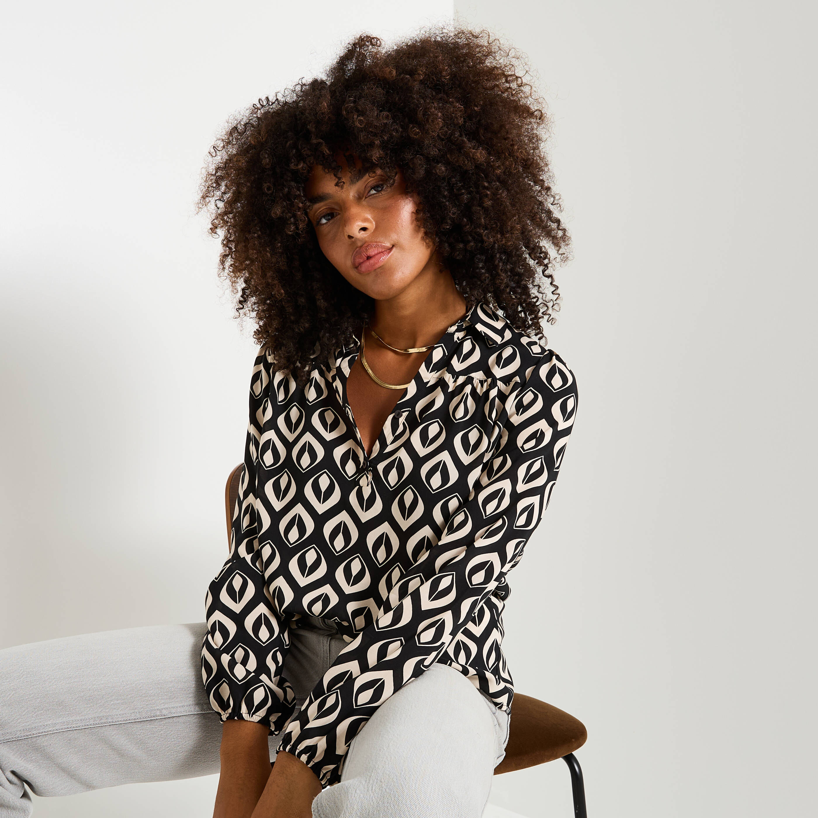 Blouse imprim&eacute;e &agrave; col chemise femme