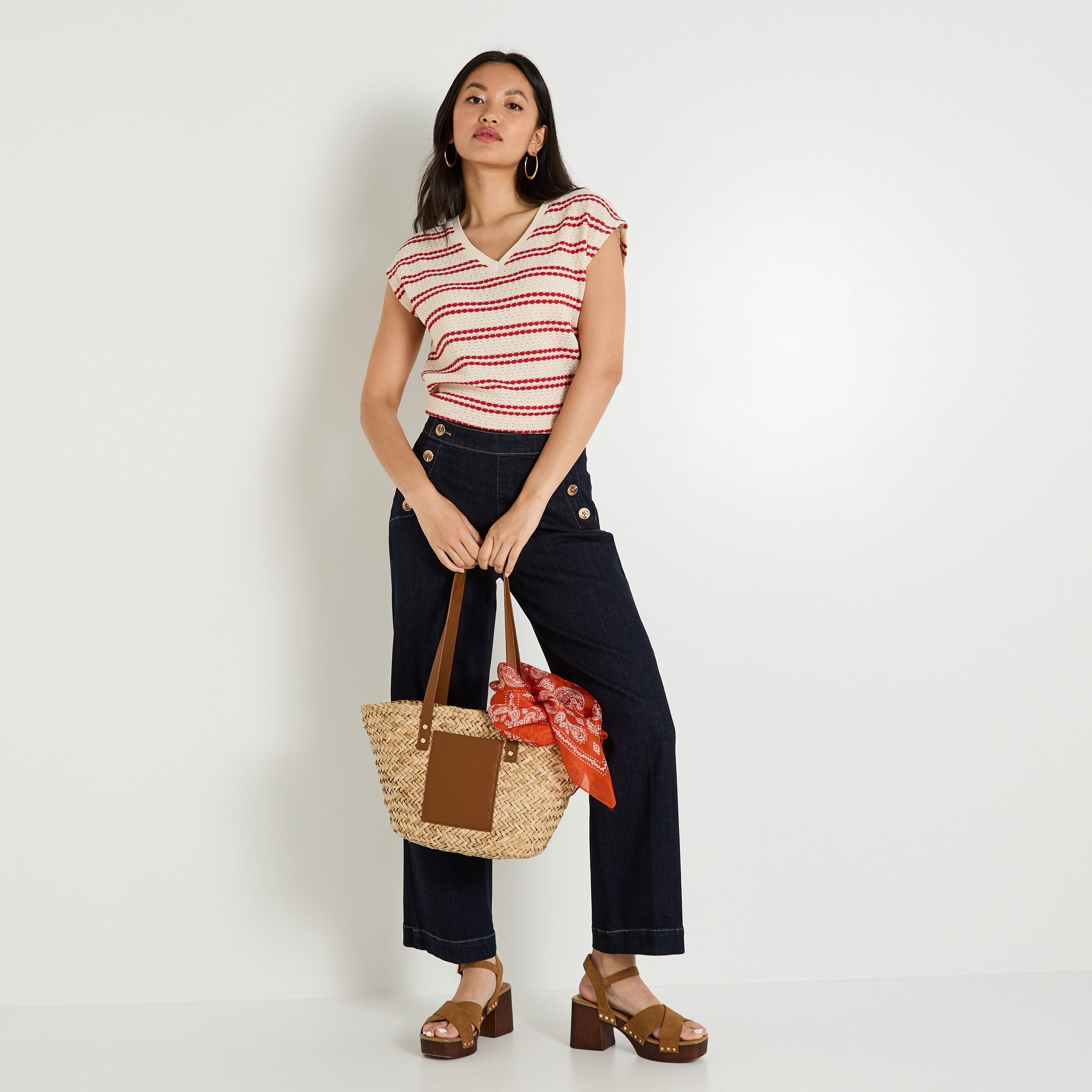 T-shirt col V en maille femme