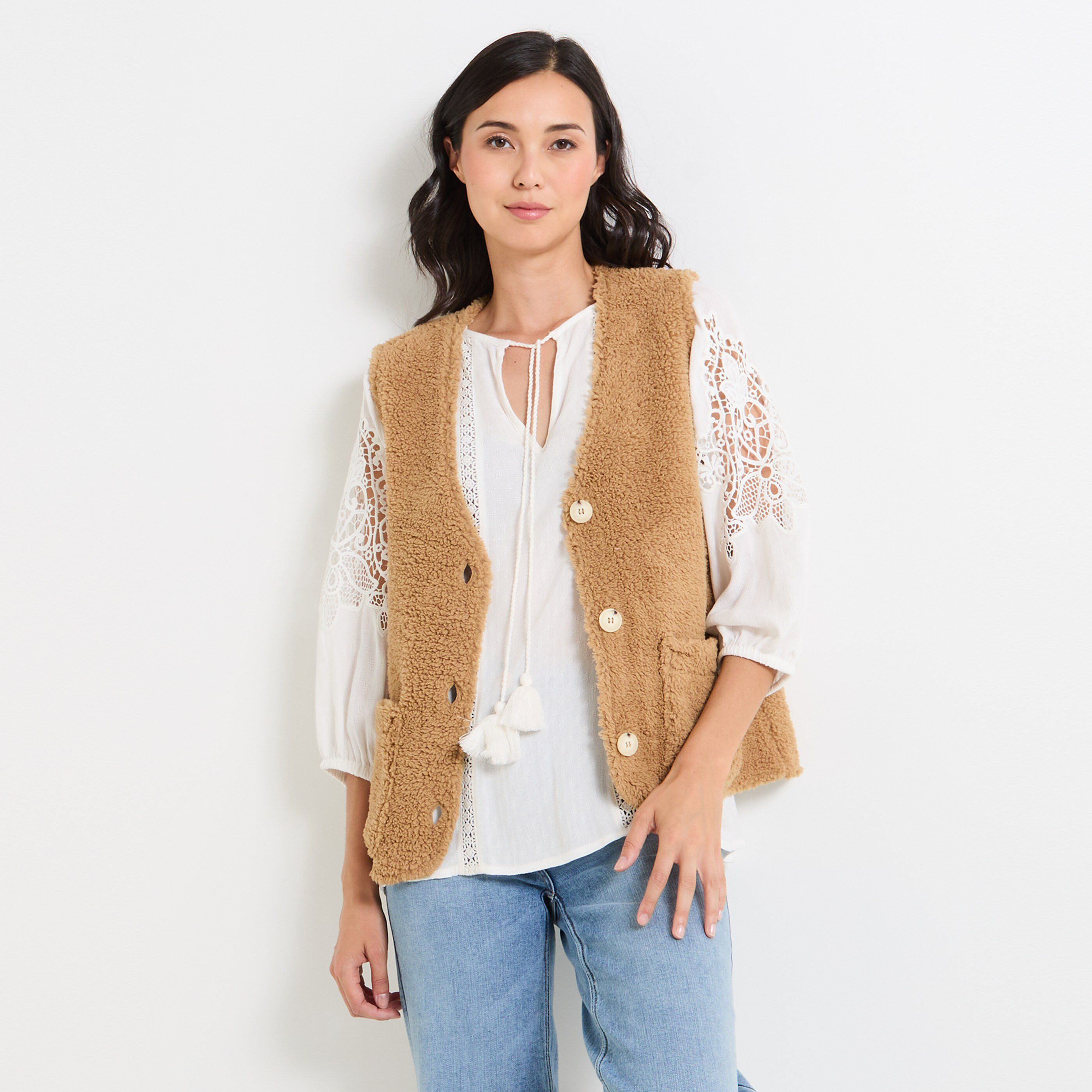 Gilet moumoute sans manche femme CAMEL Graindemalice