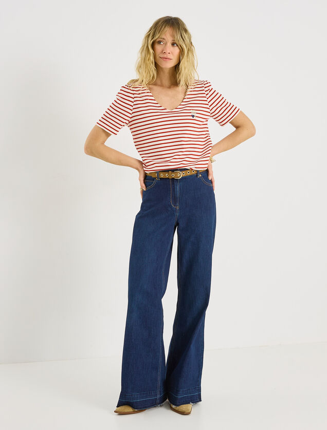 T-shirt ray&eacute; col V avec broderie femme