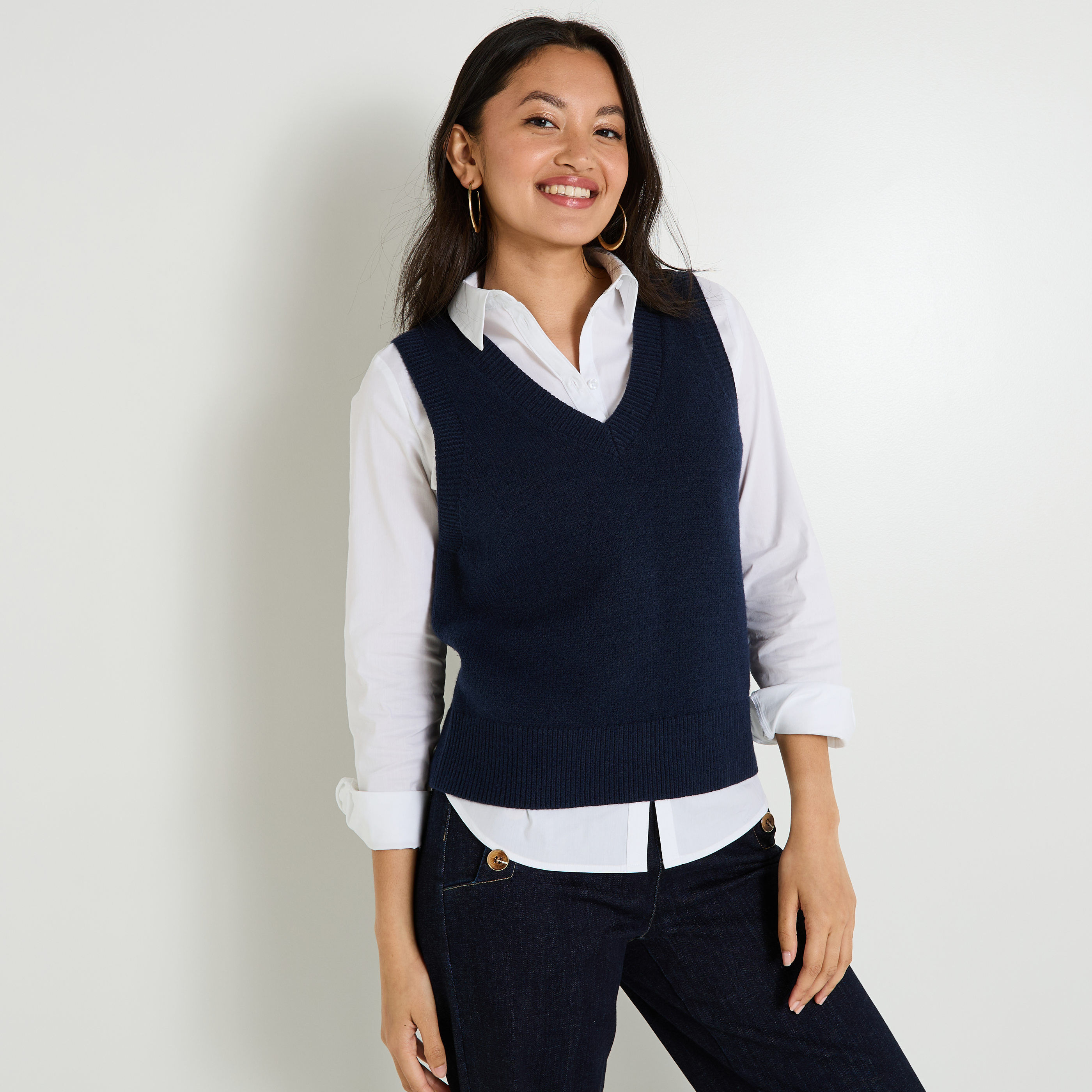 Pull sans manches à col V femme MARINE Graindemalice