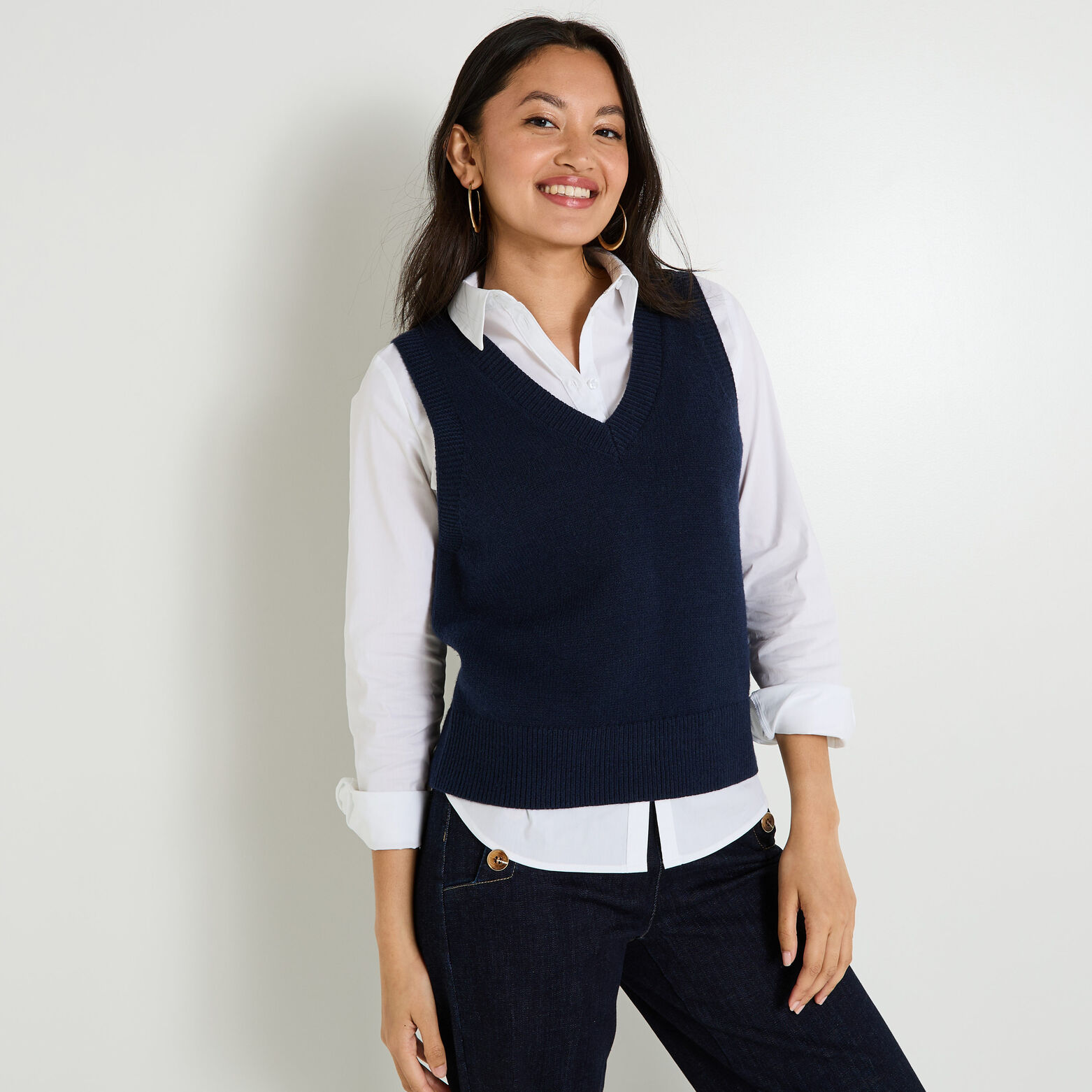 Pull sans manches à col V femme MARINE Graindemalice