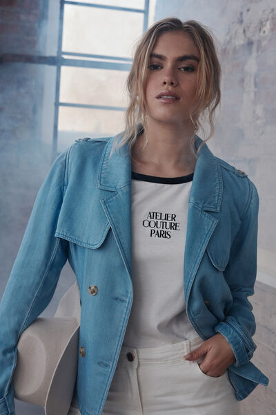 Trench court en denim femme