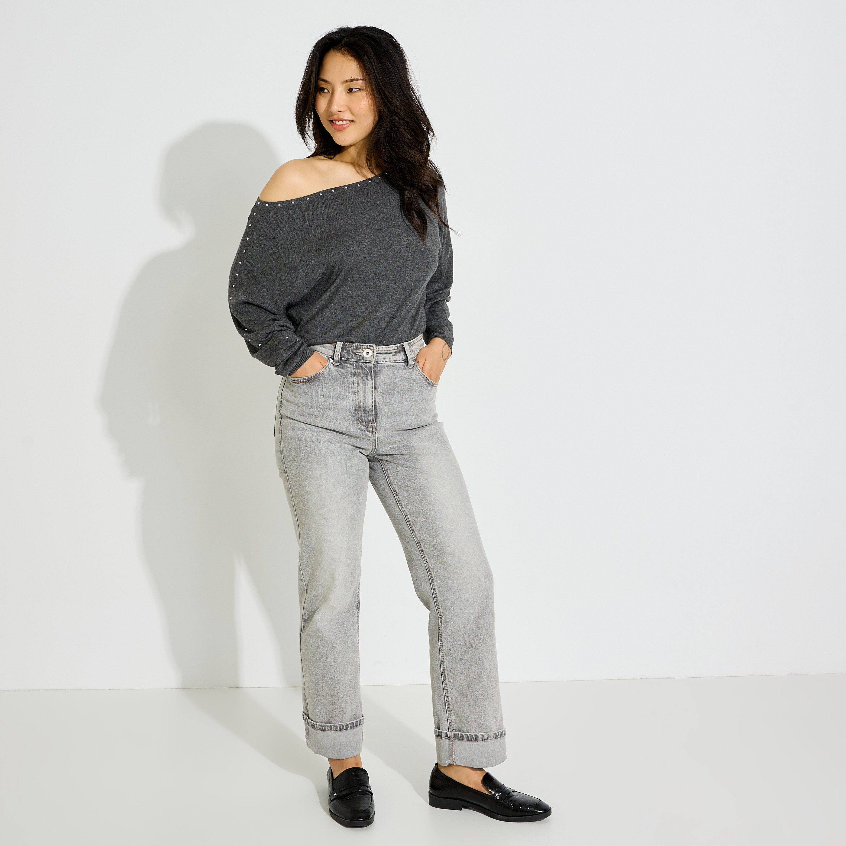 Pull fin col bateau &agrave; strass femme