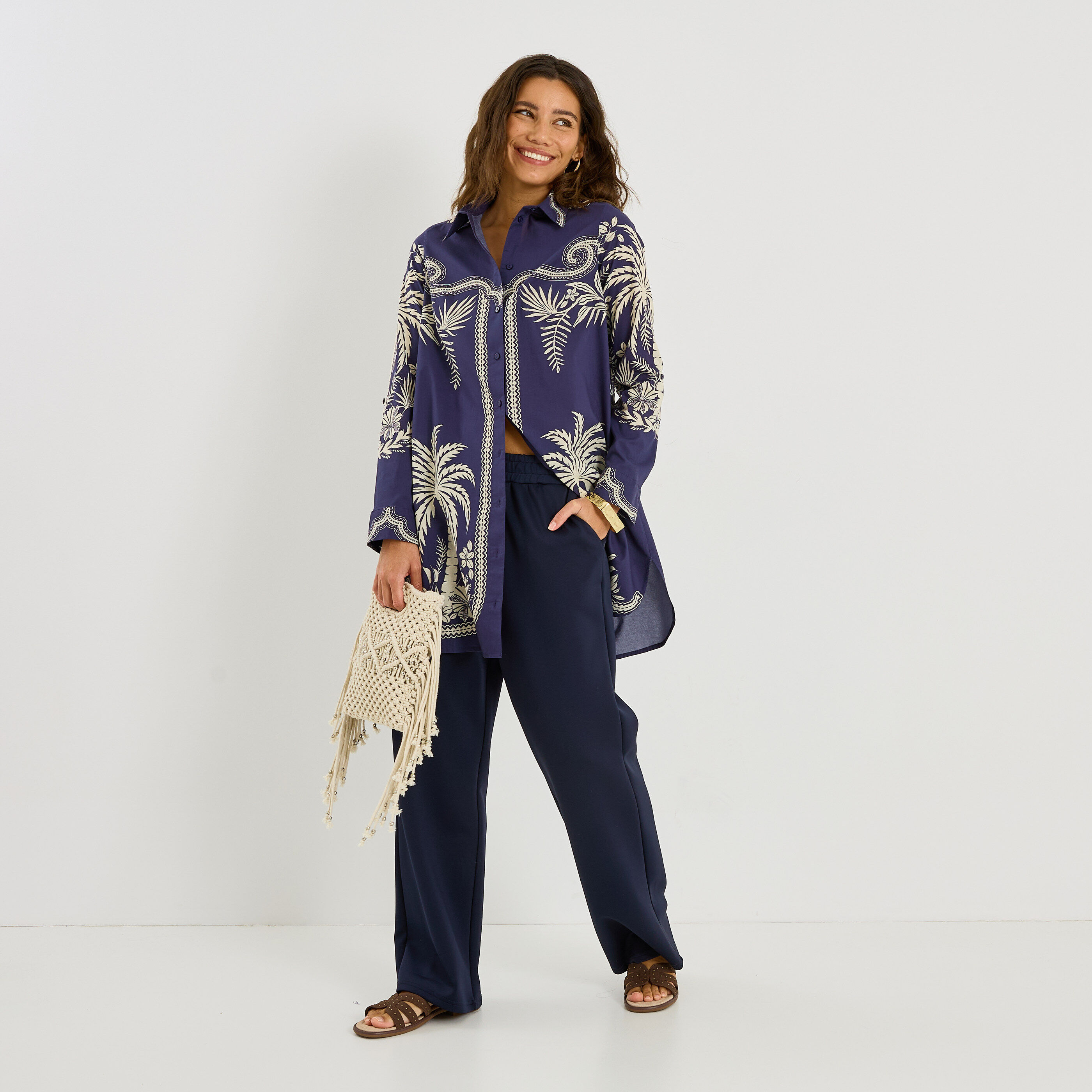 Chemise longue imprim&eacute; tropical femme